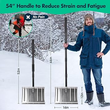 Snow Shovel for Driveway,Heavy Duty Aluminum Snow Pusher for Car Driveway Snow Removal, Ergonomic Metal Shovel Scoop for Decking Trunk Outdoor,54 Inches Long Handle