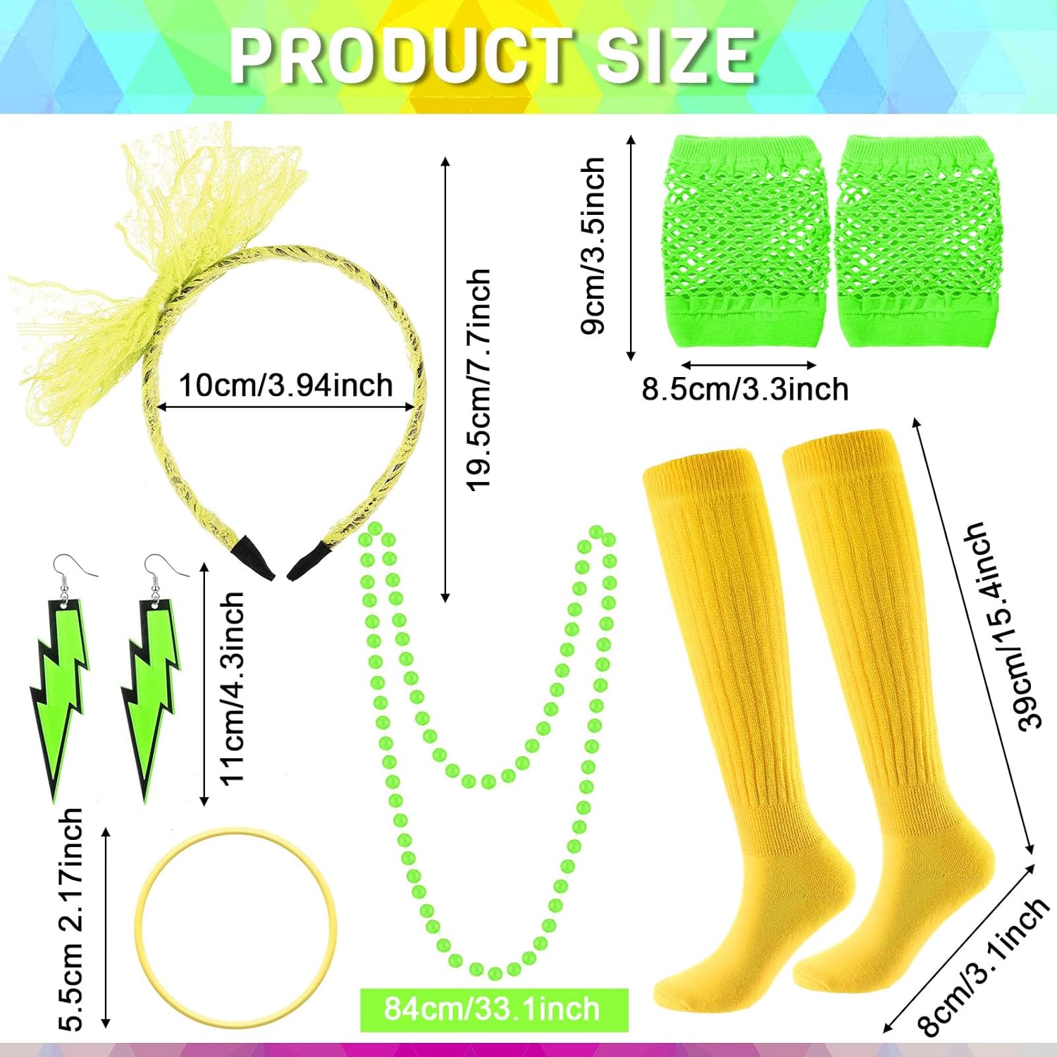 Handepo 19 Pcs 80s Costume Accessories Set Neon Retro 80s Fanny Pack Hairband Fishnet Gloves Bracelet Earrings Necklace Socks - Image 3