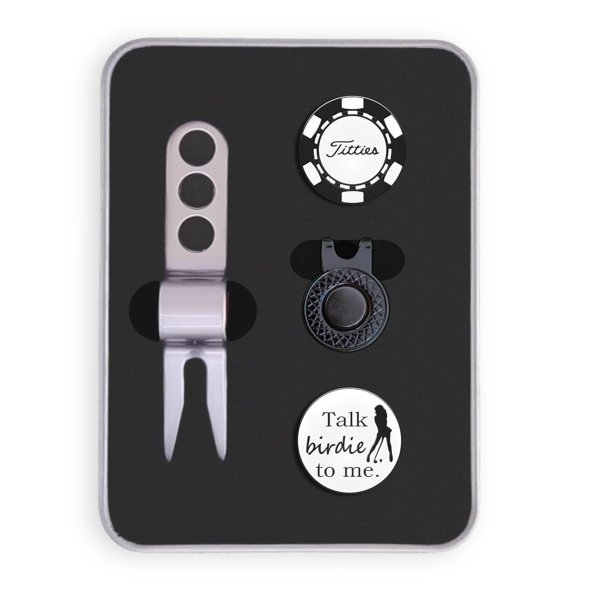 Golf Ball Marker Gift Set - Talk Birdie Markers + Hat Clip + Divot Tool (Gift Tin)