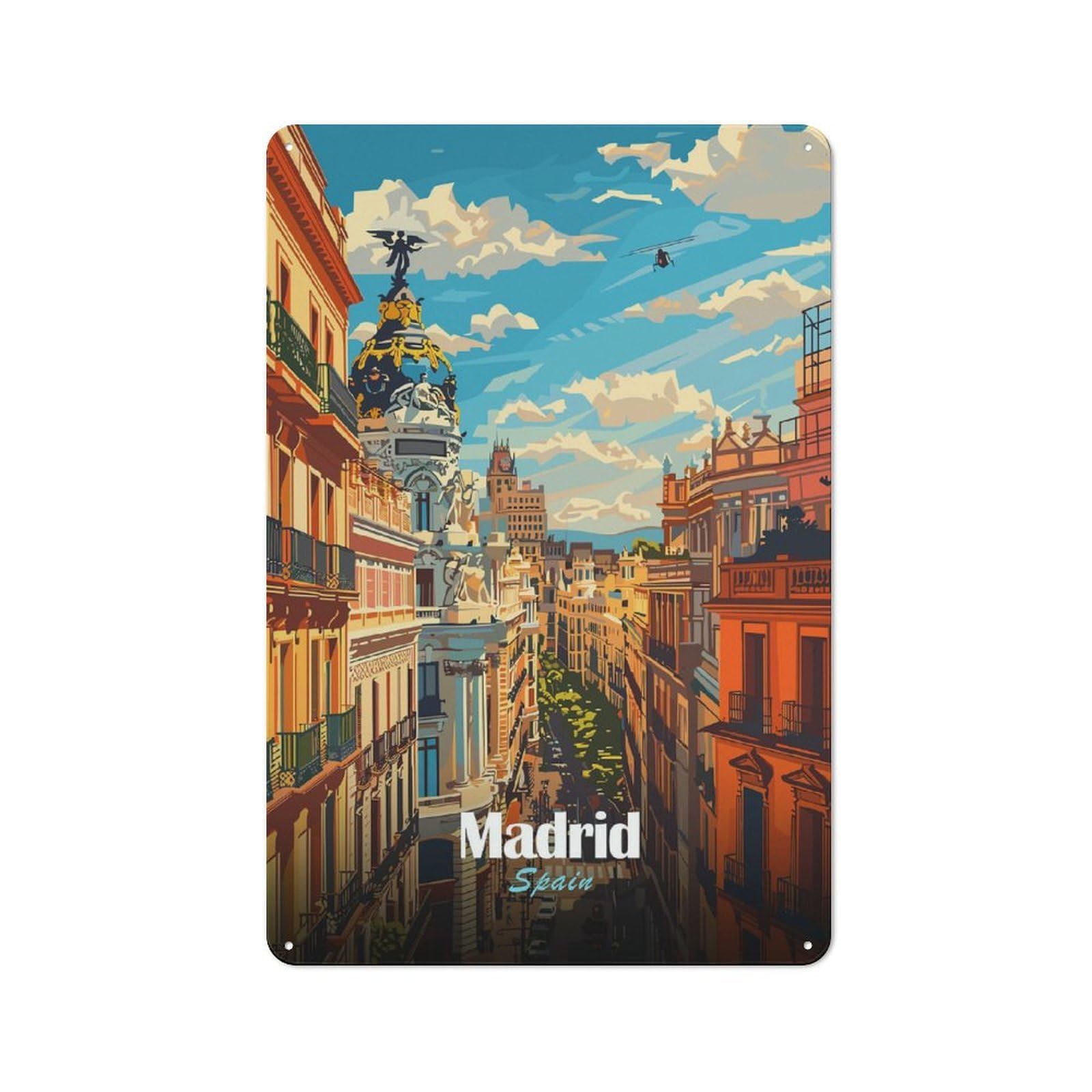 Madrid Cityscape Decorative Tin Sign 30x20cm, Distressed Look Vintage Wall Decor for Lounge, Study, Pub Or Wall Gallery