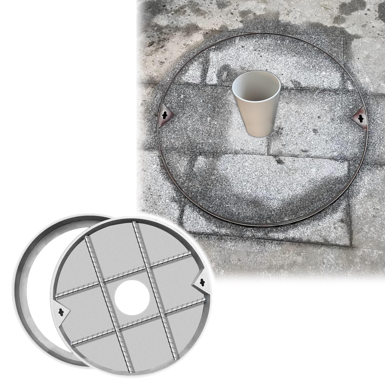 Couvercle et cadre de regard 50 cm avec trou central 10 cm acier