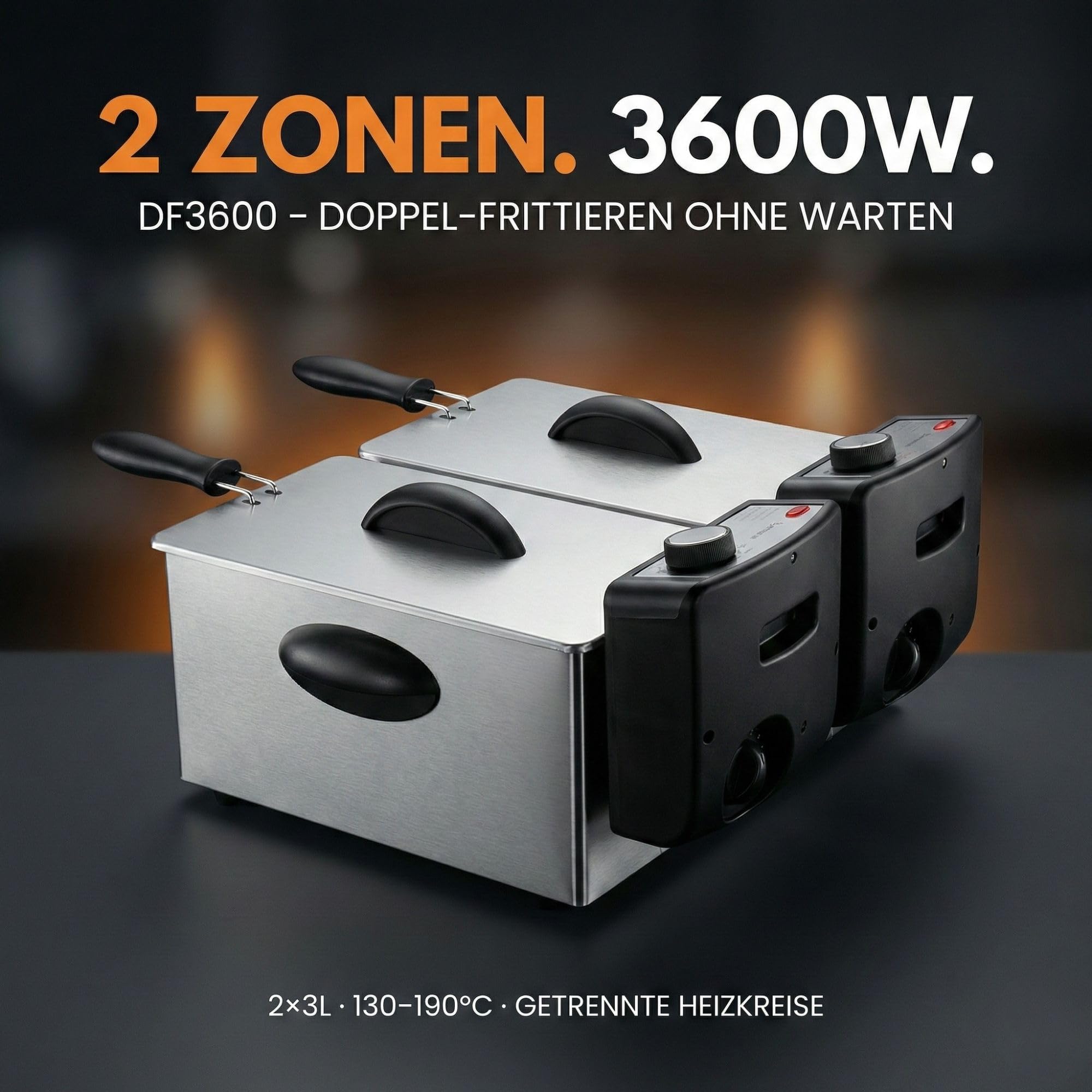 Sommertal DF3600 Doppel Fritteuse mit Öl 2x 3L 3600 Watt | Edelstahl Fritteuse mit 2 getrennten Heizkreisen | Fritteuse mit Fett 130–190°C | Deep Fryer für Pommes