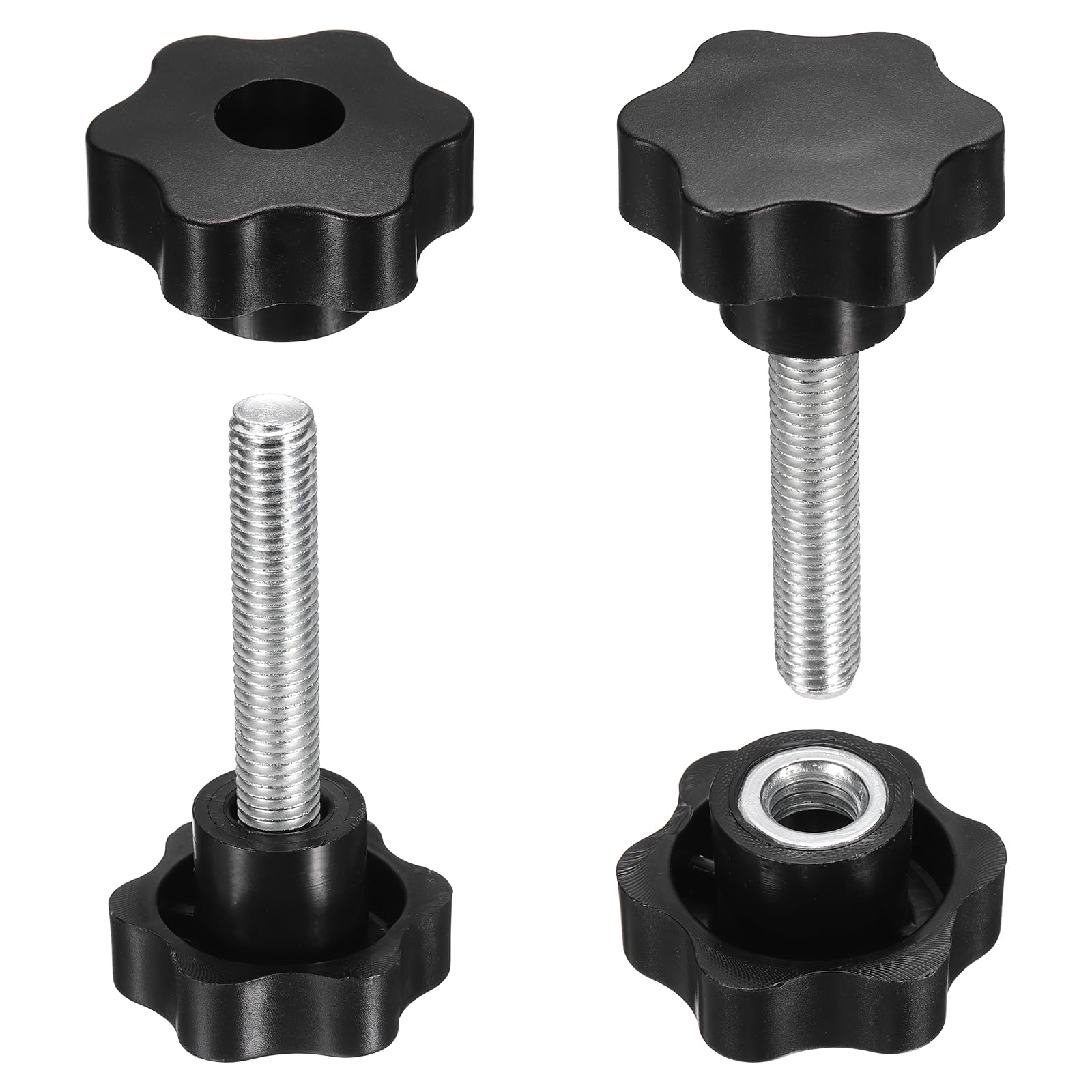 sourcing map 2 Set Star Knobs M12 x 55mm Male + M12 Female Thread 48mm Head Metric 6-Star Threaded Stud Clamping Handles Screw in Through Hole Hand Jig Knob Thumb Screws, Black