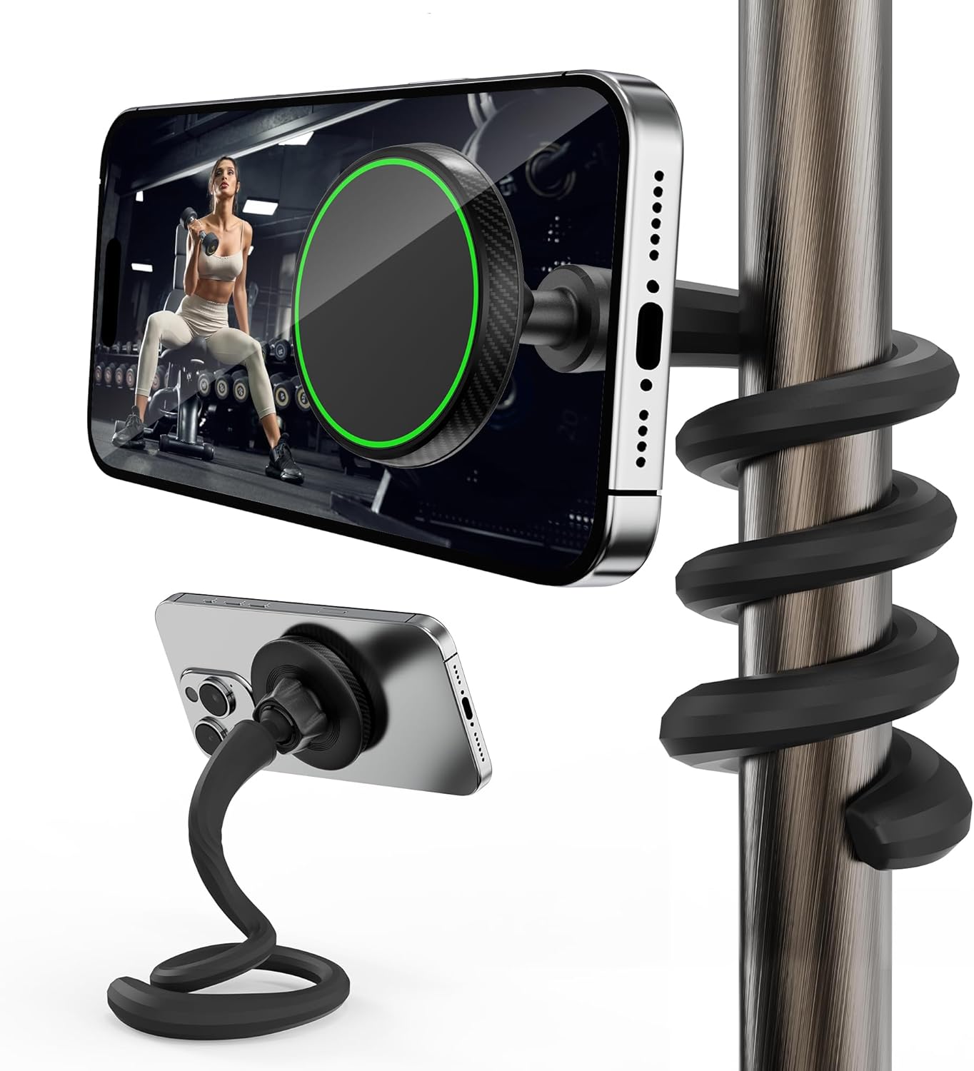 Flexible Phone Holder for Treadmill, Magnetic Gooseneck Cell Phone Mount Compatible w/ MagSafe, iPhone 17-12 & Android, Silicone Stand for Spin Bike Stroller Wheelchair Shopping Cart – Gym Accessories