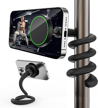 Flexible Phone Holder for Treadmill, Magnetic Gooseneck Cell Phone Mount | Compatible with MagSafe, iPhone 17-12 & Android, Silicone Stand for Spin Bike Stroller Wheelchair Shopping Cart - Gym Gifts