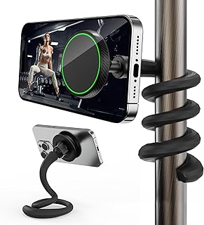 Flexible Phone Holder for Treadmill, Magnetic Gooseneck Cell Phone Mount Compatible w/ MagSafe, iPhone 17-12 & Android, Silicone Stand for Spin Bike Stroller Wheelchair Shopping Cart - Gym Accessories