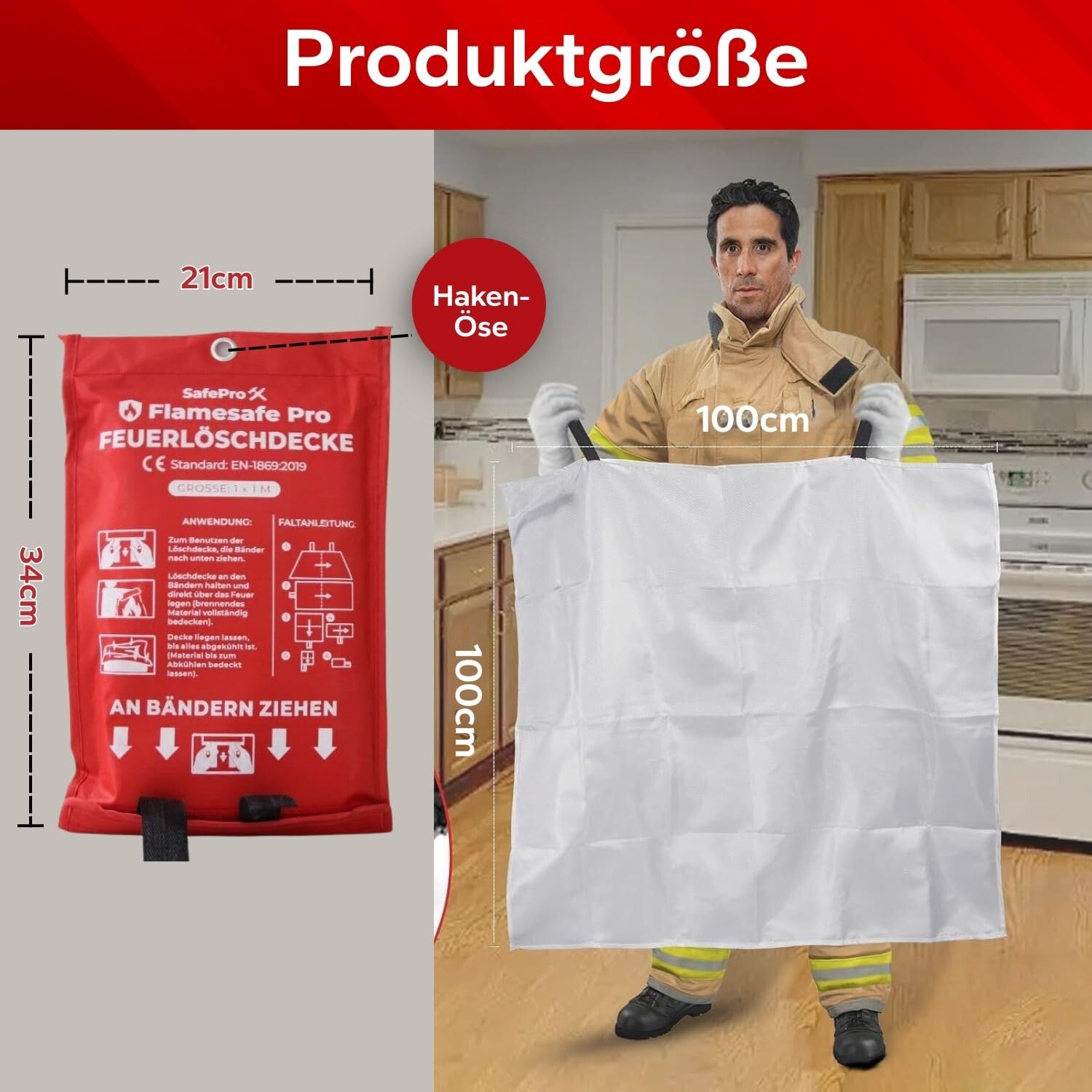 Flame Safe Löschdecke für die Küche – Brandschutzdecke 1,0 m x 1,0 m – Hitzebeständige Glasfaser-Feuerschutzdecke für Fettbrände, Zuhause, Auto, Büro, Garage, Grill, Werkstatt – 1er Pack