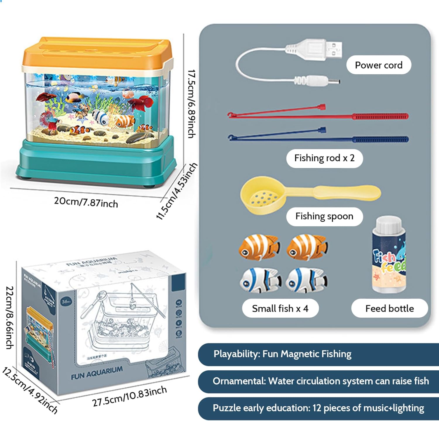 Toy Fish Tank Baby Aquarium Toy, Educational Fish Tank with Light & Music, Artificial with 4 Magnetic, 2 Fishing Rod, Net & Feed Bottle