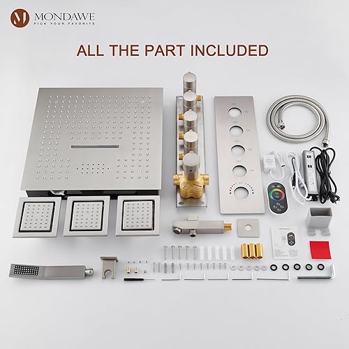 Miniatura 6 de MONDAWE Cabezal de ducha LED de lujo de 64 colores con 3 chorros y rociador de mano, patrones de música, juego de ducha termostático grande de 16