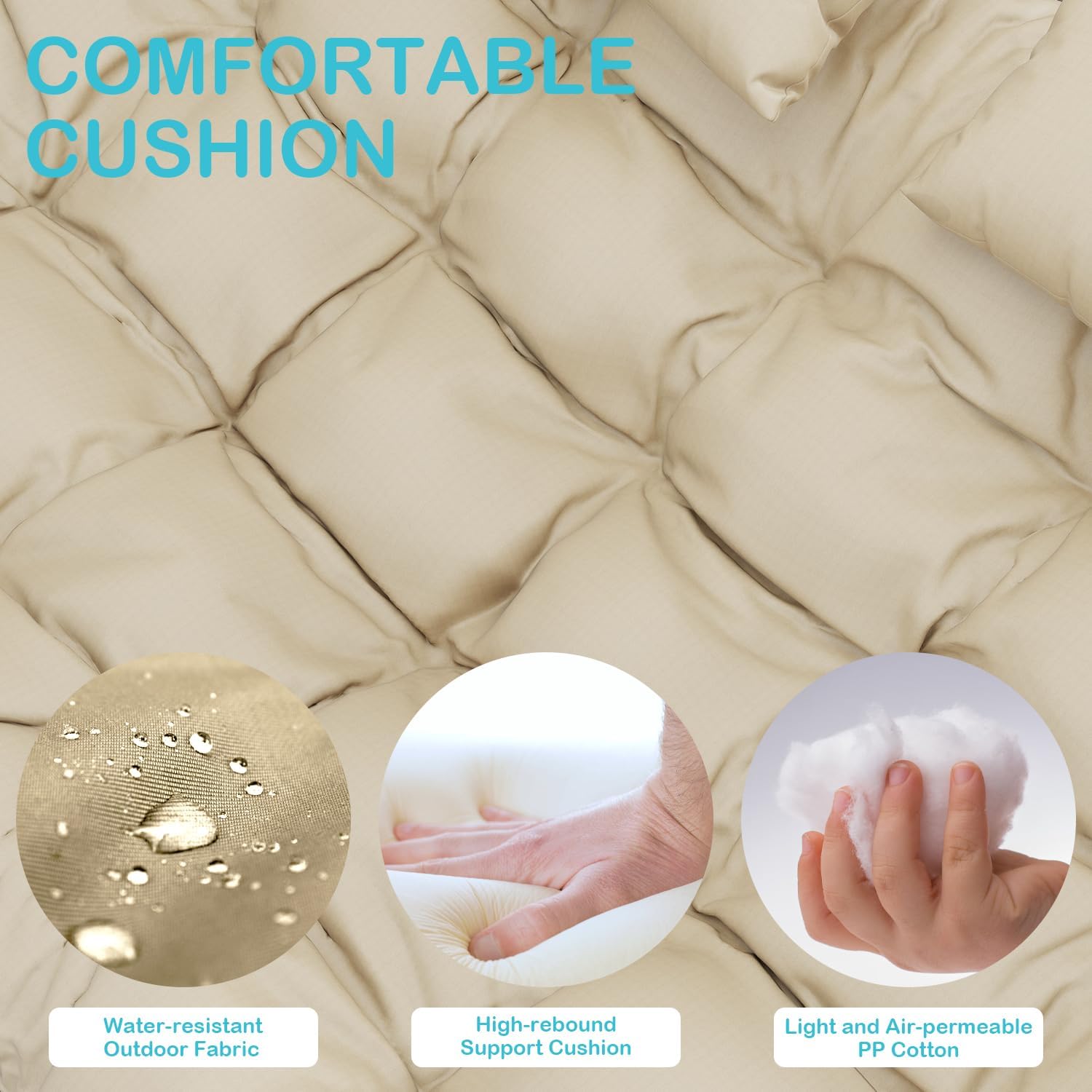 Double Outdoor Rocking Papasan Chair, Oversized Rocking Chair for 2-Person, Loveseat Rocker with Soft Cushion & Rattan Frame, Large Lounge for Patio Garden Balcony (Beige)