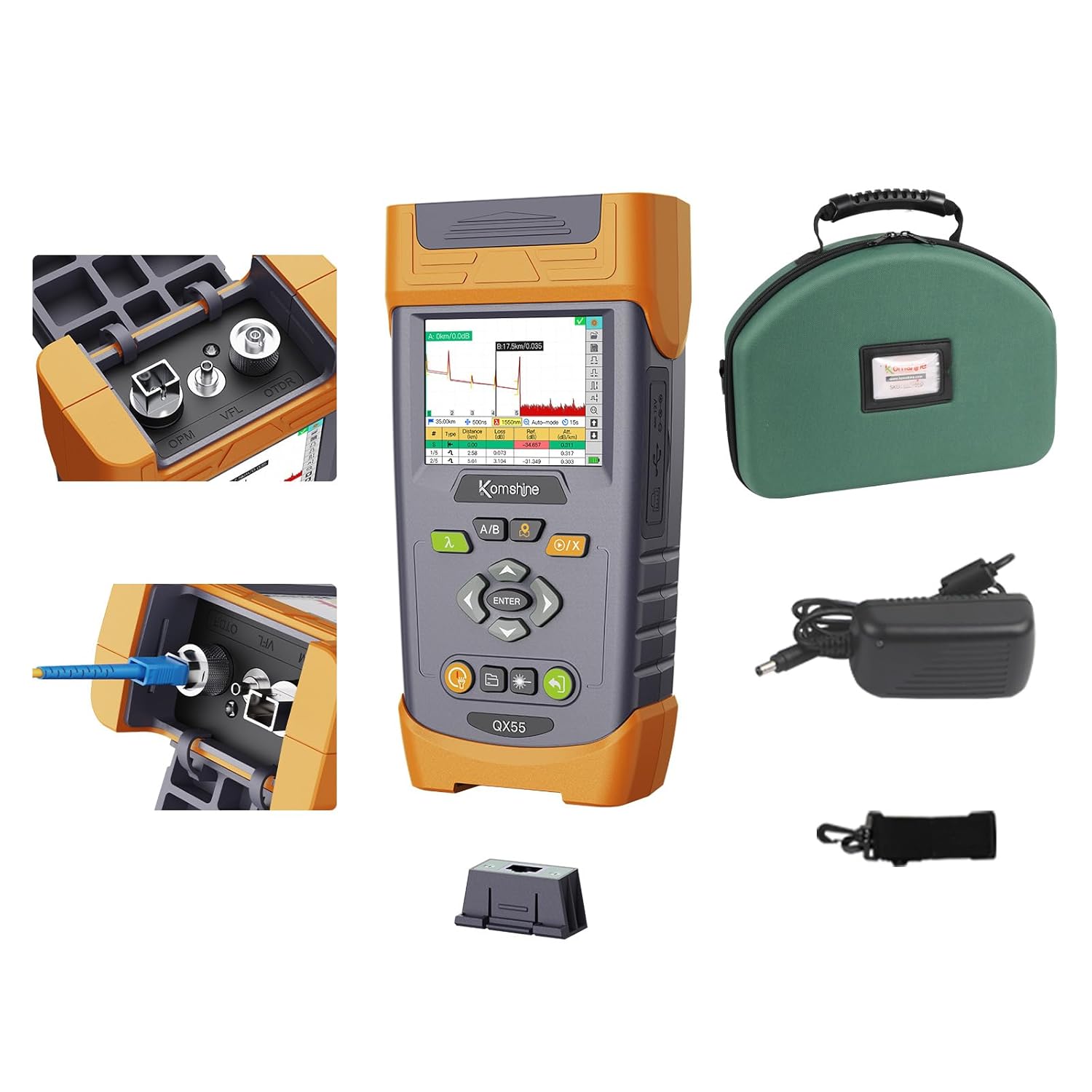 1310/1550nm 32/30dB Singlemode OTDR Komshine QX55 Mini OTDR with VFL 5-8km + Fiber Power Meter OPM + SM Light Source 1310/1550nm + Link Map Feature with 1:16 Fiber Splitters + RJ45 Networks Test