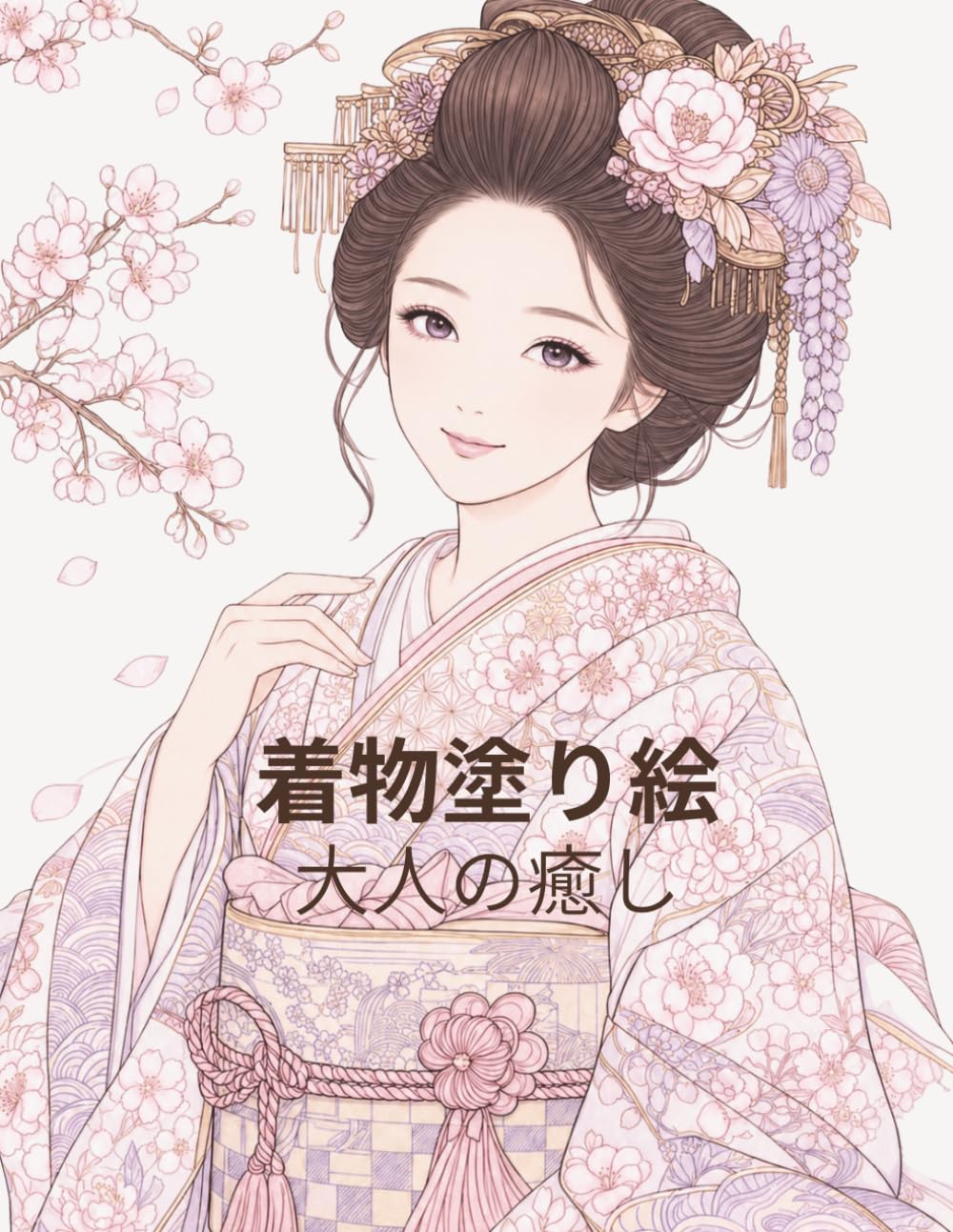 着物塗り絵 大人の癒し: 美しい和風女性と優雅な和柄デザインで楽しむ、リラックスとストレス解消のアート