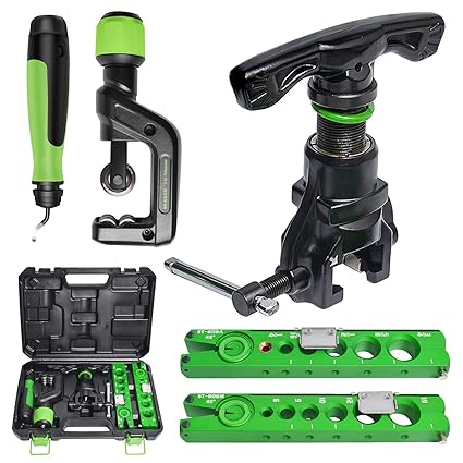 HVAC Flaring Tool Kit with Pipe Cutter & Deburring Tool, 1/4'' - 3/4''/6-19mm Single Flare Tool with Clutch for Copper Aluminum Pipe, 45? Eccentric Type Manual Tubing Flaring Tool Kit, 5PCS Set