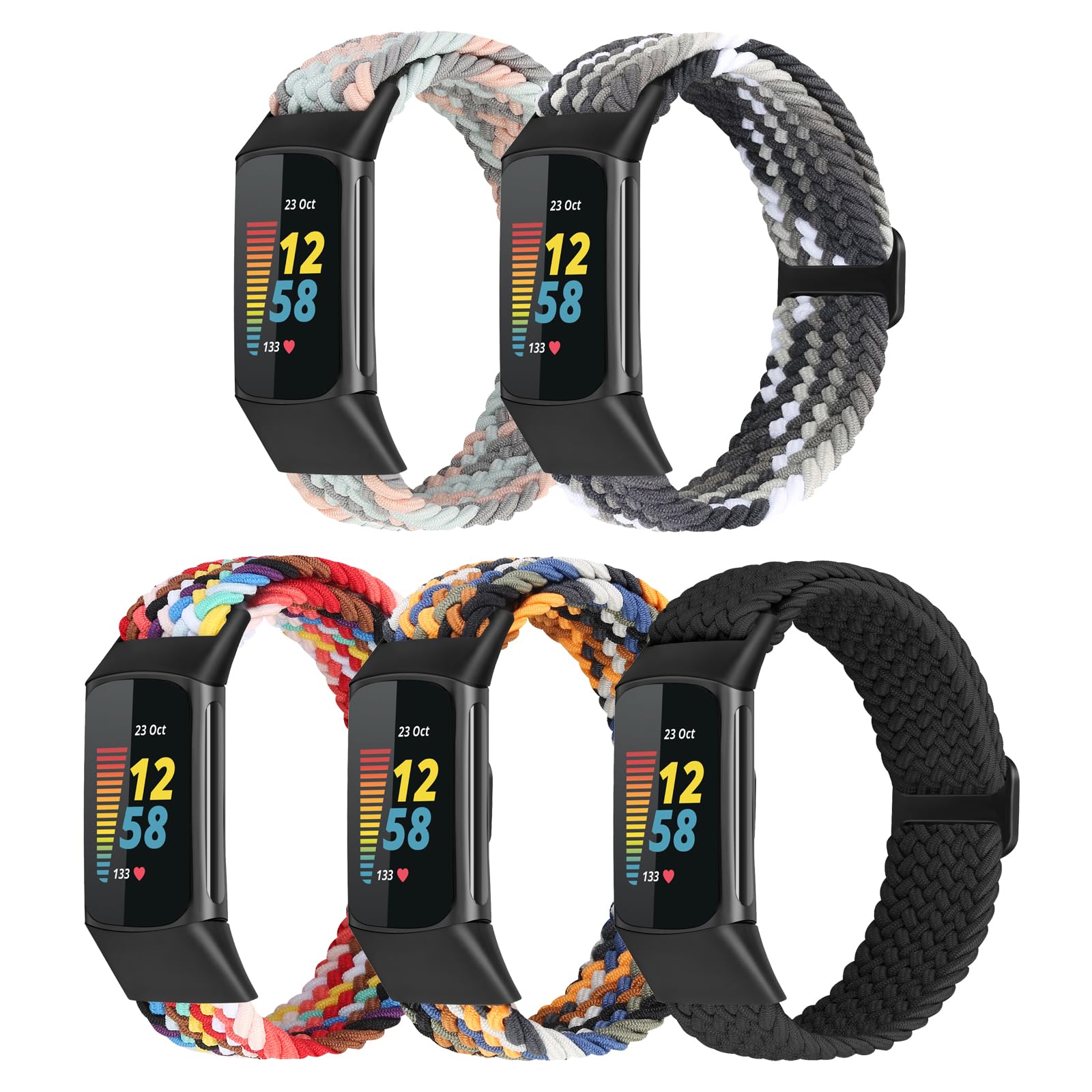 Braided Stretchy Solo Loop Compatible for Fitbit Charge 5 Bands for Women Men, Nylon Elastic Straps Wristbands for Fitbit Charge 5, 5 Packs