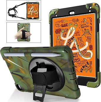 for iPad Mini 5 / Mini 4 Case 7.9 Inch, with Pen Holder Portable Hybrid Shock-Proof Cover with 360 Rotatable Hook&Loop Handle, Shoulder Strap. Camo Green
