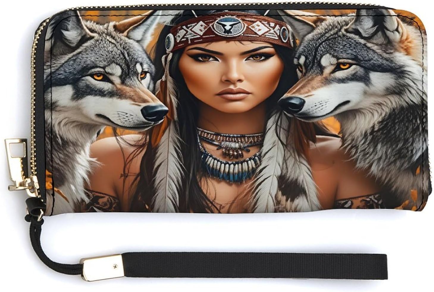 Native American Woman with Wolves Long Clutch Wallet 7.9x4.1 in,Wristlet Wallet with Zipper Closure And Detachable Wrist Strap, Slim Large Capacity Handheld Purse Organizer