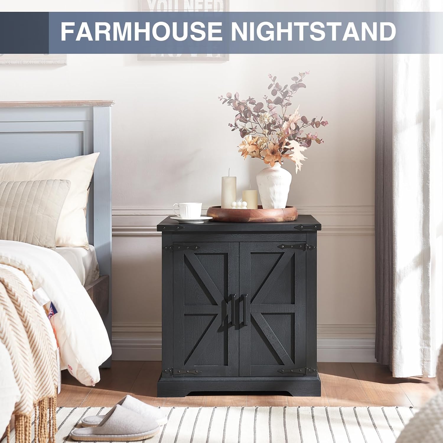 Barnyatoh Farmhouse End Table with Charging Station,24" Large Sofa Side Table with Barn Door, Rustic Wood Square Nightstand Bedside Table with Adjustable Storage Shelf for Living Room, Bedroom,Black