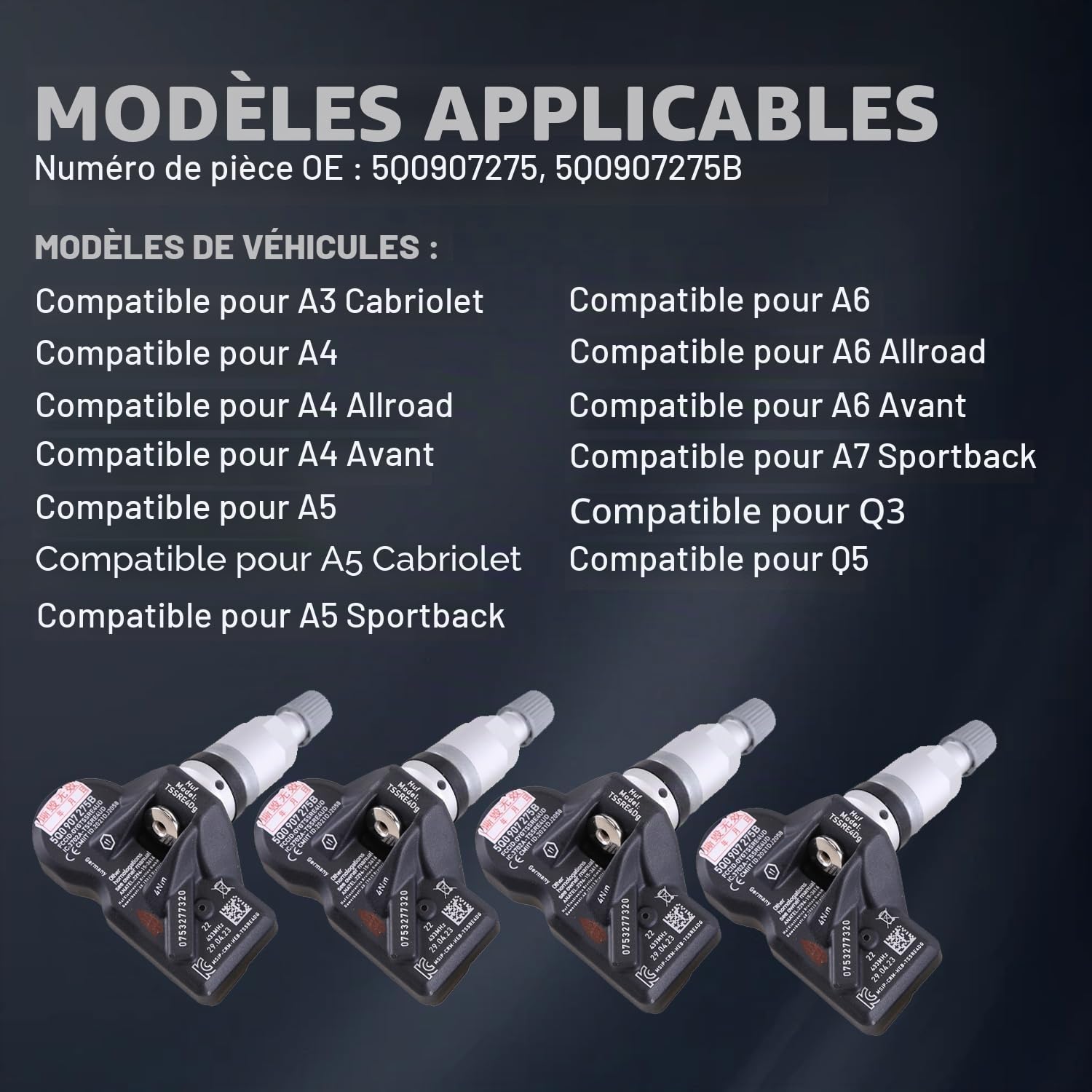 LICHENGTAI 5Q0907275B Lot de 4 capteurs de pression des pneus compatibles avec Porsche VW Skoda Seat A3 A4 A5 A6 A7 Q3 Q5 RDKS Capteur TPMS