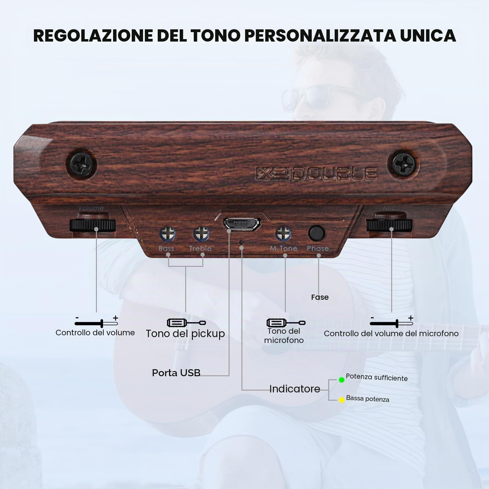 Pickup per chitarra acustica, ricaricabile, attivo, pickup per chitarra, regolabile, bobina magnetica, controllo del volume integrato, microfono, pickup acustico (venature del legno)