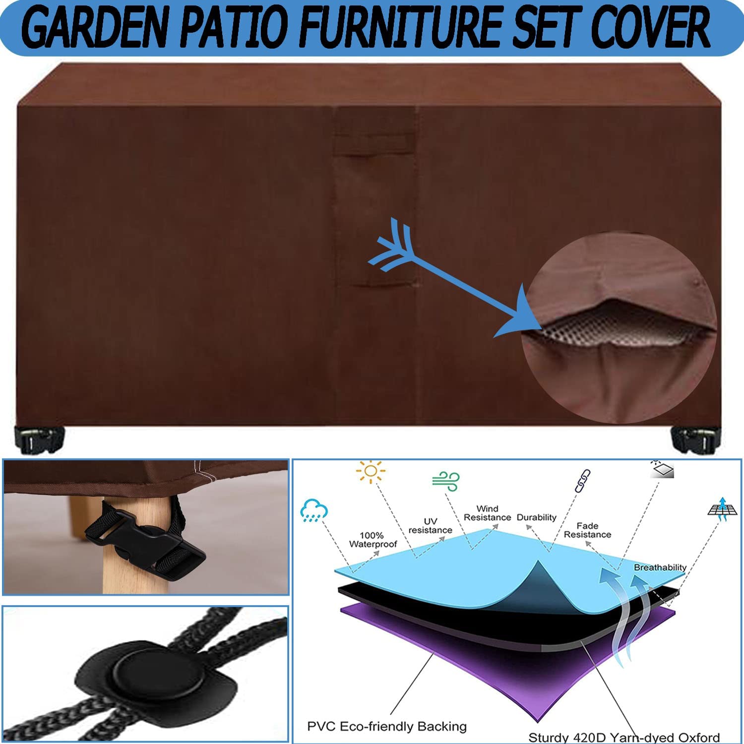 Copertura impermeabile in tessuto Oxford 420D per mobili da giardino, antivento e anti UV, per mobili da giardino, terrazza, cortile, prato