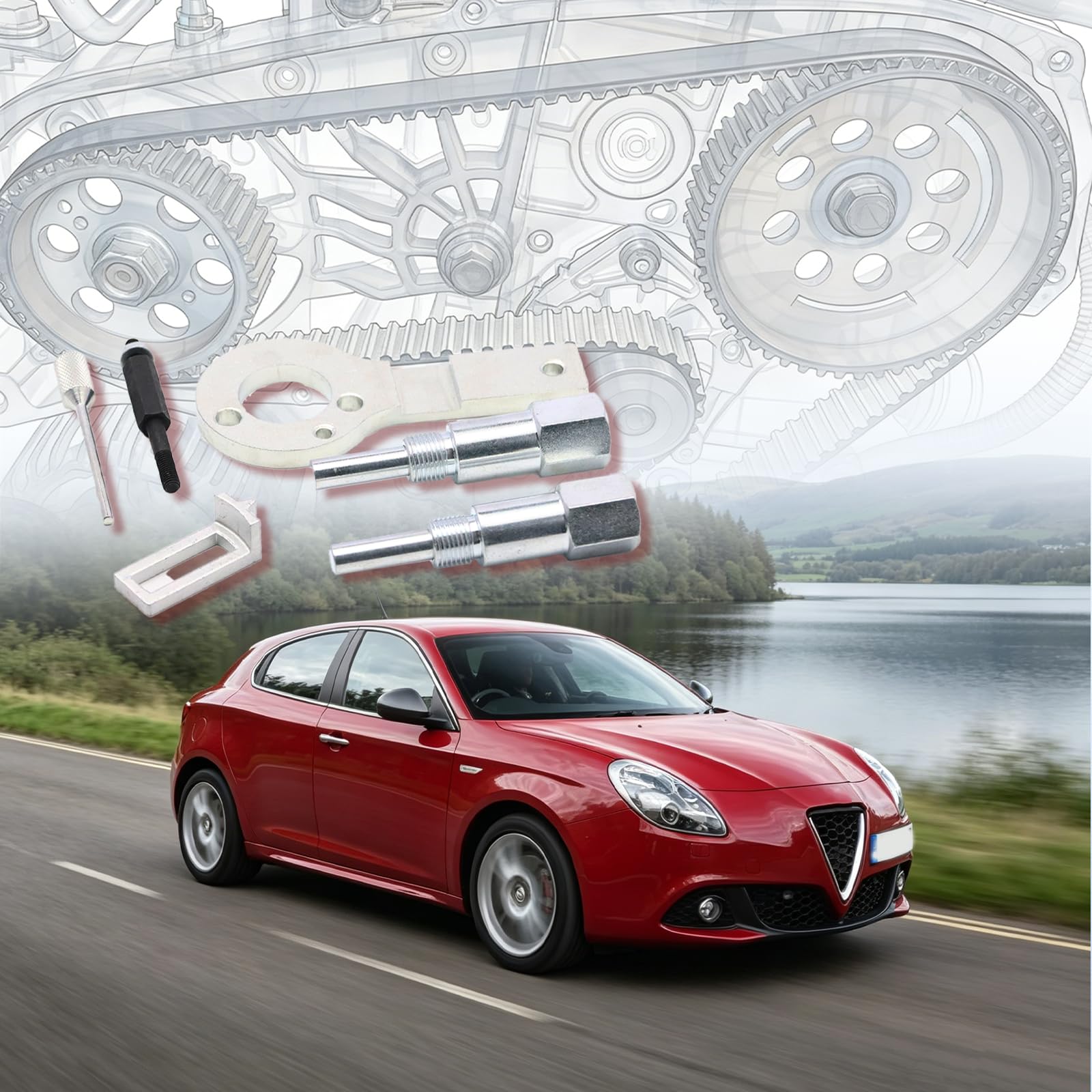 Kit di sostituzione della cinghia dentata con utensile di bloccaggio della puleggia per motori Fiat Alfa Romeo Lancia e Opel 1.6 1.9 e 2.4 JTD Multijet