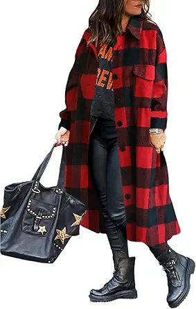 Himosyber Women's Casual Plaid Lapel Woolen Button Up Pocketed Long Shacket Coat