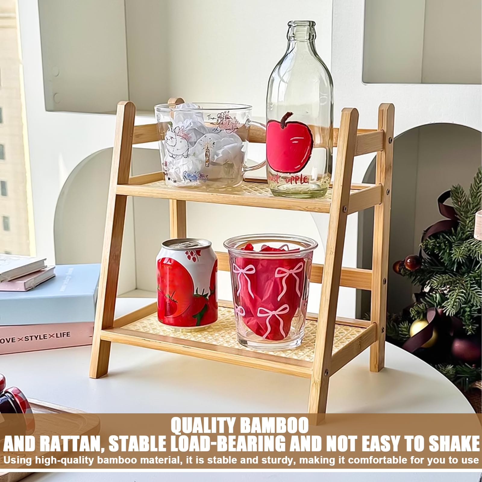 GOMETY Scaffale portaspezie da cucina, 40 x 18 x 29 cm, in bambù, imitazione di rattan, decorazione da cucina, organizer in piedi, organizer da cucina, cialde da caffè, organizer per ufficio, bagno