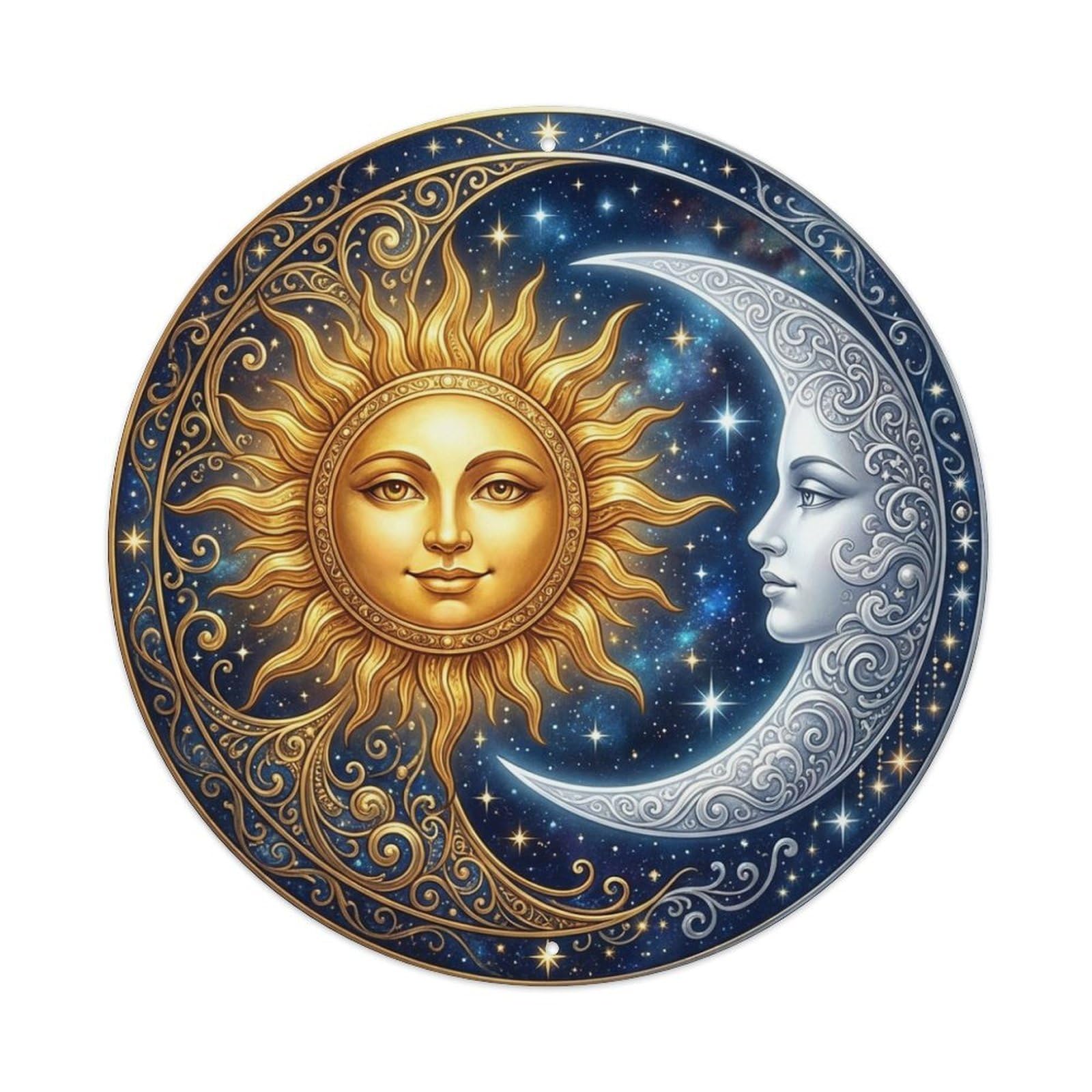 Golden Sun Silver Moon Celestial Faces Stars Metal Tin Sign