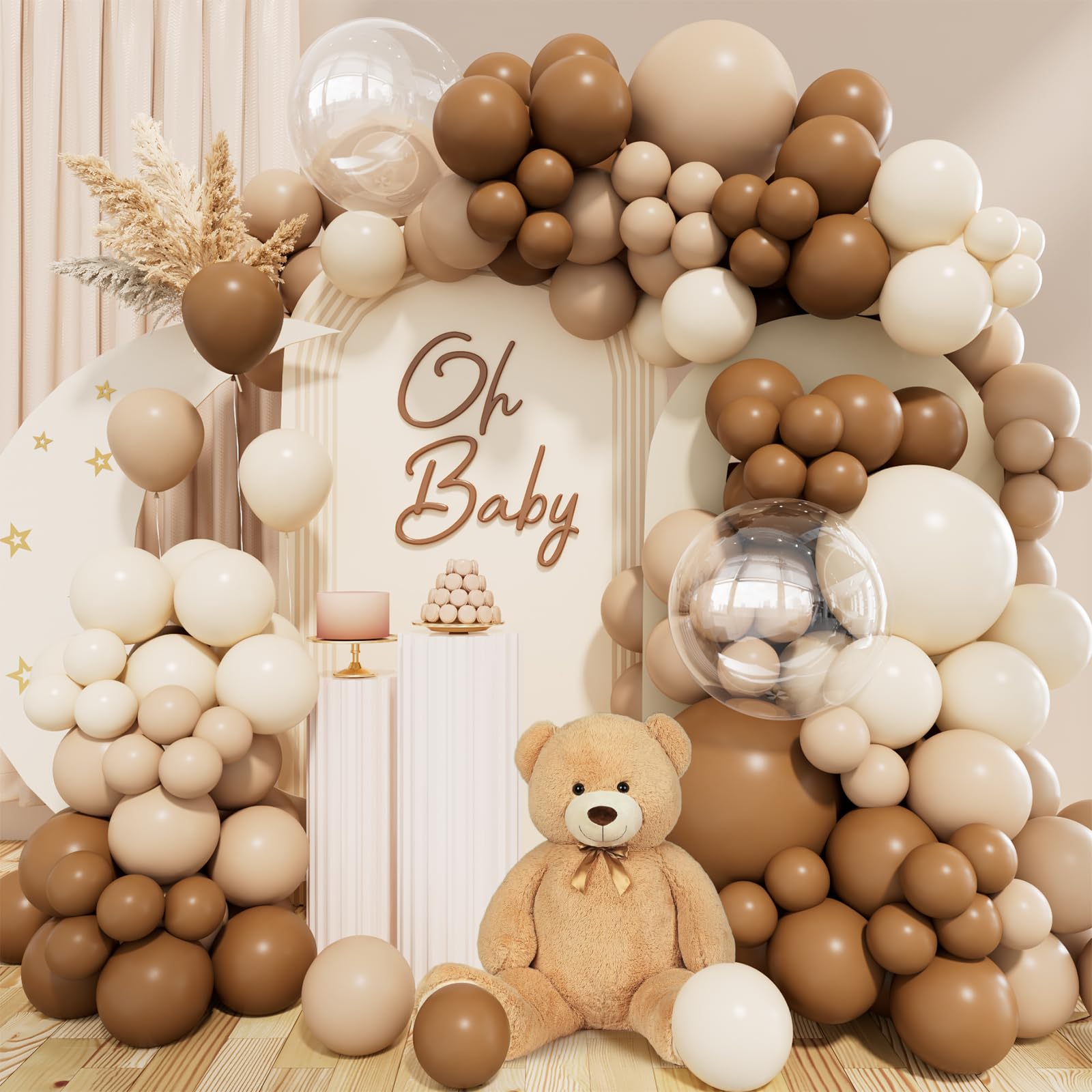 Kit de arco de globos de color marrón, kit de arco de guirnalda de globos de diferentes tamaños, marrón, beige, nude, bronceado, blanco, arena, globos para decoración de oso netural, baby shower