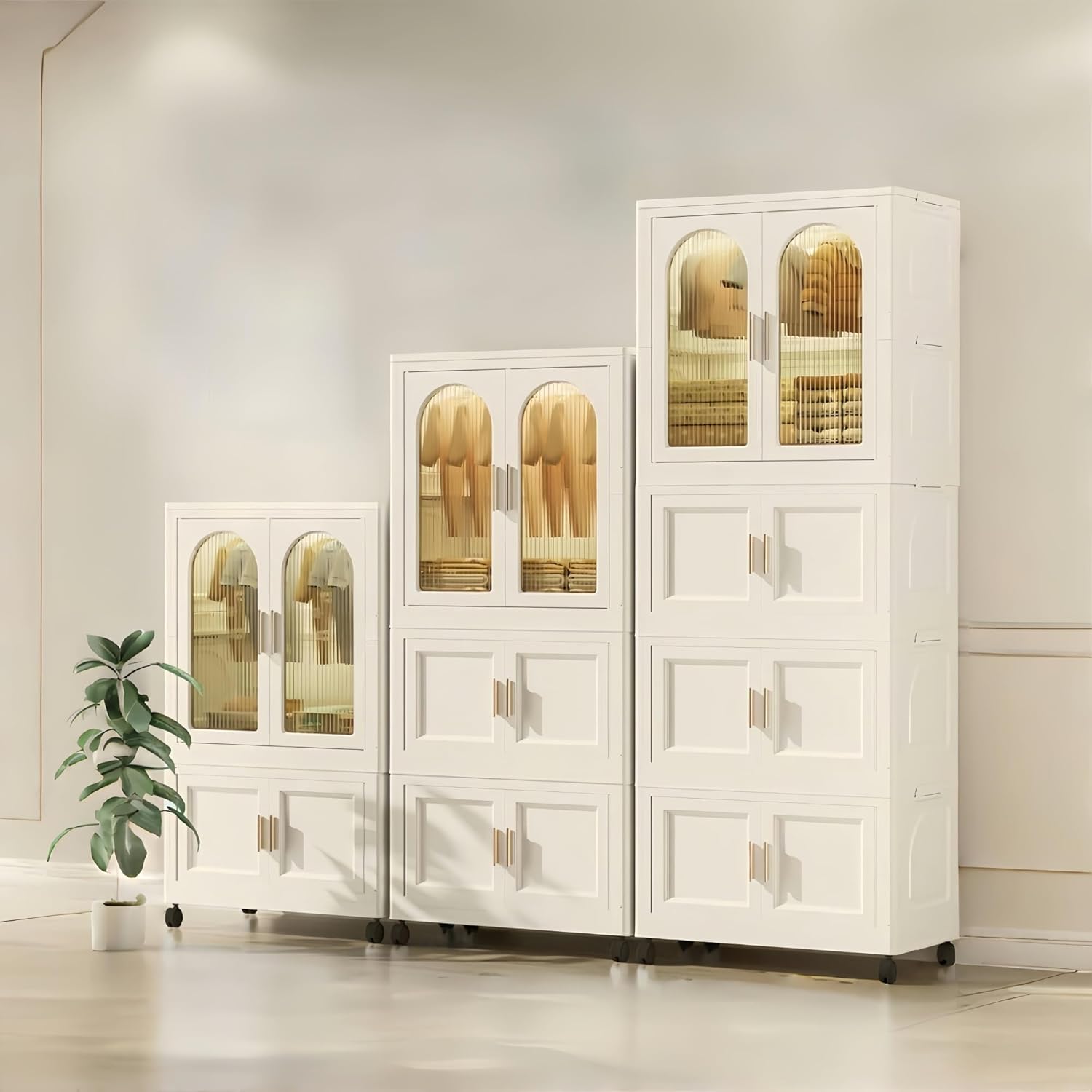 25.59" Side Wide Folding Wardrobe, with Magnetic Door, Plastic Storage Cabinet with Wheels