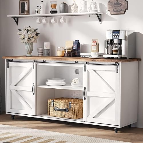 4ever2buy Farmhouse Coffee Bar Cabinet with Storage, 58'' Sideboard Buffet with Sliding Barn Door, Gourd Feet for Home Dining Room, Coffee Bar for Living Room, Off White