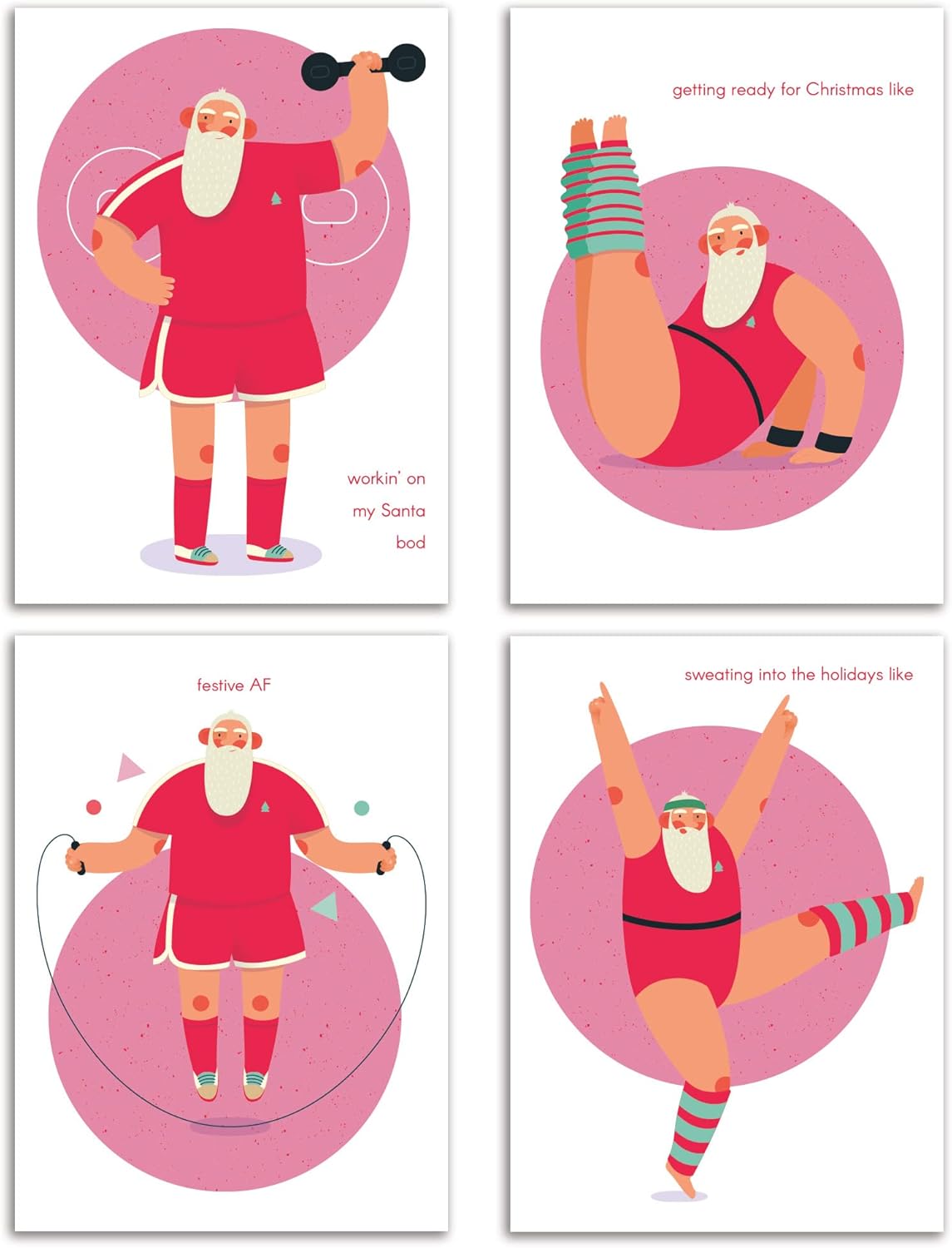 Ritzy Rose 24 Gym Santa Christmas Cards in 4 Fun Exercise Designs with Envelopes