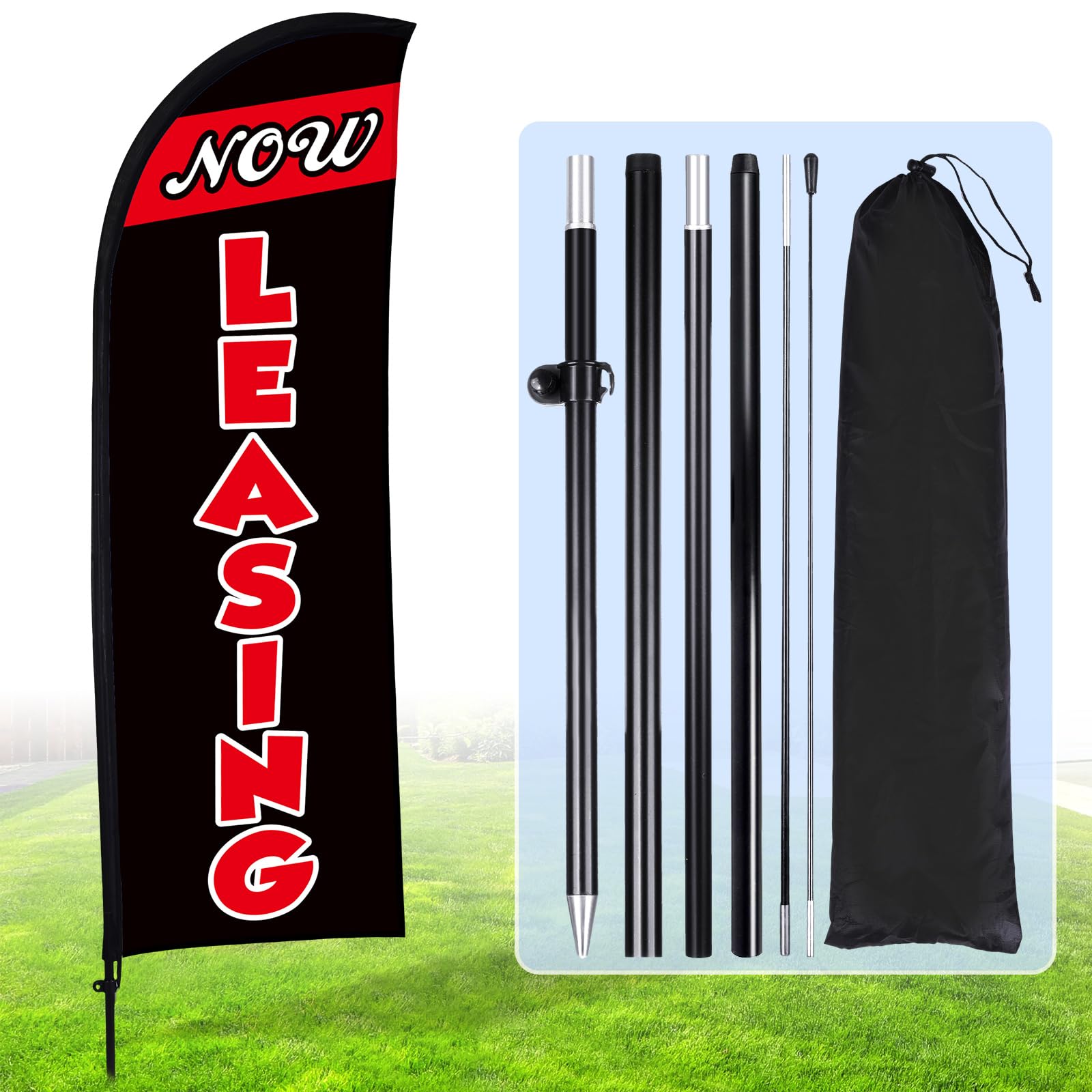 Buryeah Now Leasing Feather Flag Pole Kit 7ft Now Leasing Banner Sign with Flag Pole Kit and Ground Stake and Portable Bag for Real Estate Advertising