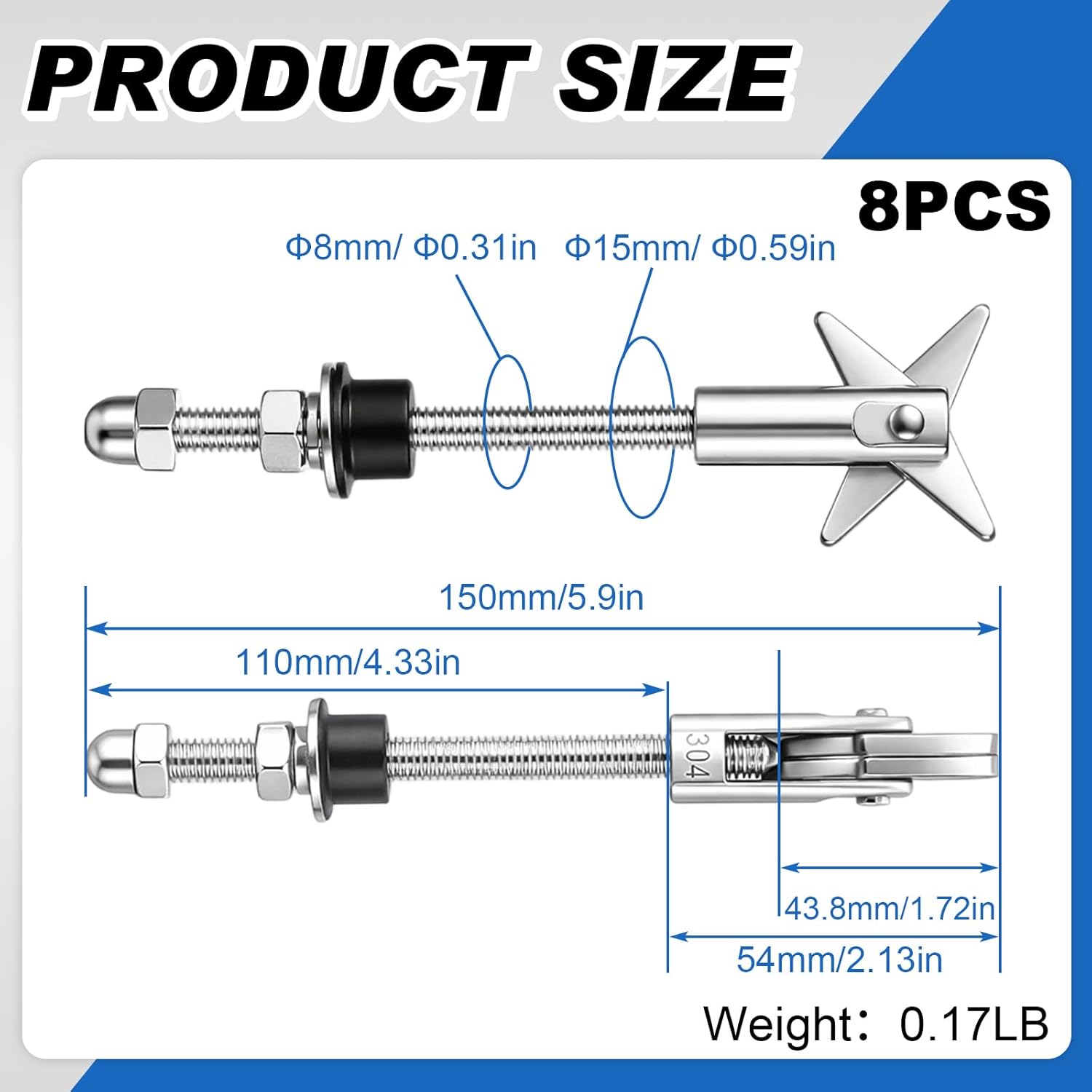8 Pcs M8x150mm X-Shaped Toggle Bolt, Heavy Duty Wall Anchors 304 Stainless Steel Scissors Type Anchor for Ceiling Sheetrock Hollow Wall Dry Walls