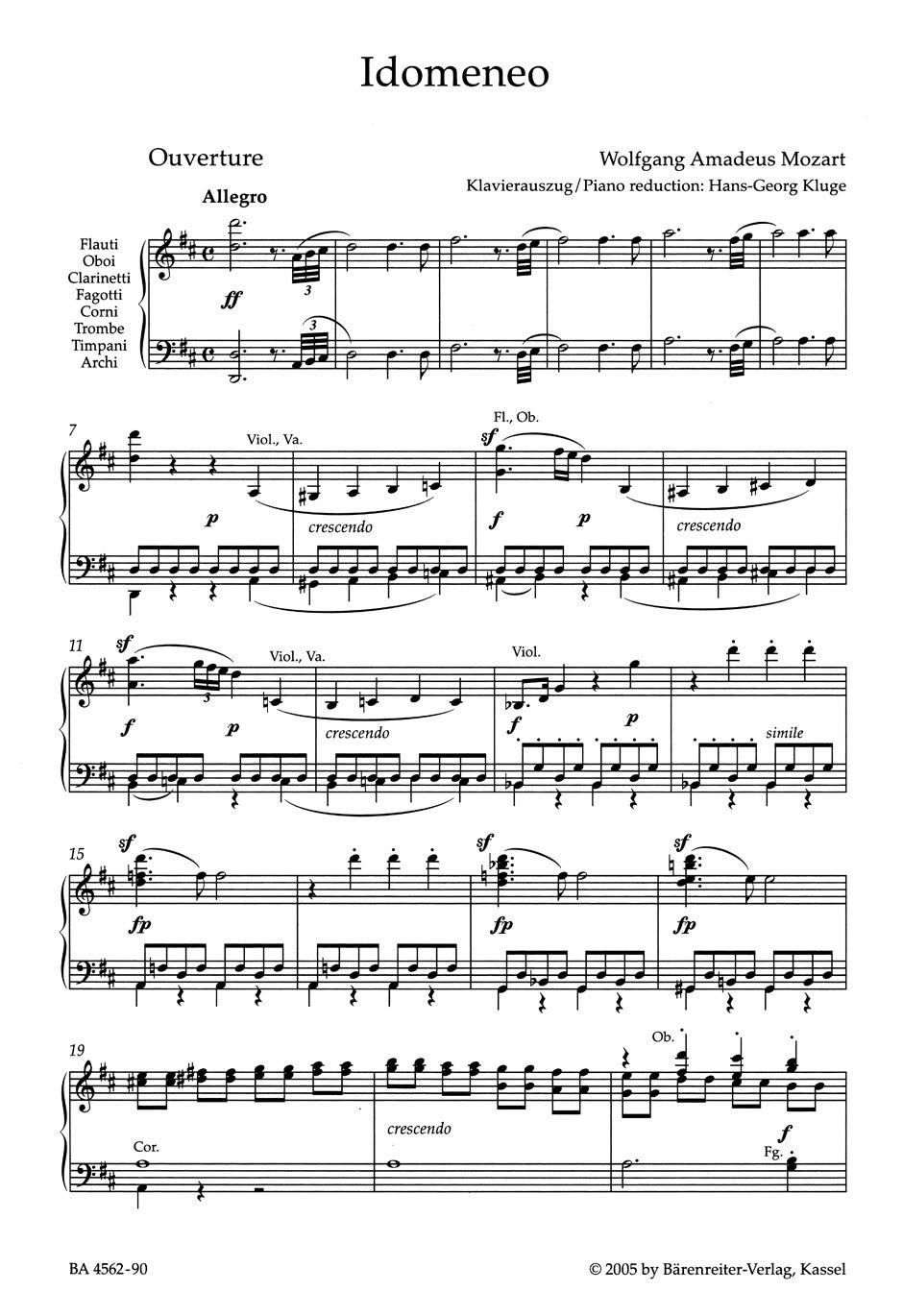 Idomeneo KV 366 - Dramma Per Musica. Klavierauszug