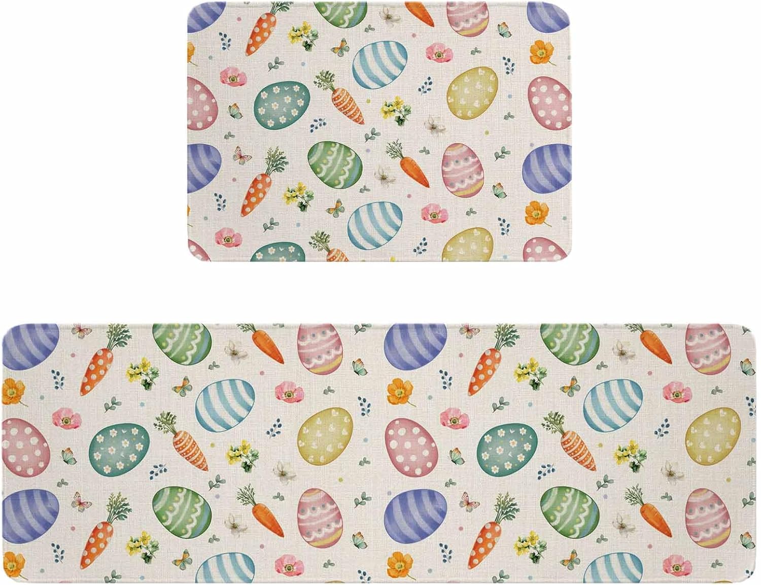 Easter Kitchen Rugs and Mats Set of 2, Non-Slip Kitchen Sink Mat, Striped Colorful Eggs Spring Vintage Botanical Washable Doormat Bathroom Rugs Runner for Bedroom/Living Room 17.7"x30"+17.7"x59"