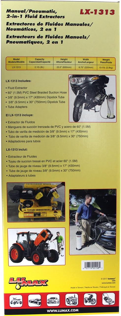 LUMAX LX-1313 Manual/Pneumatic 2-in-1 Fluid Extractor (2.1G 8L Capacity), Easy to Operate, Ideal for Extracting or Changing Fluids Without The Need of Electricity