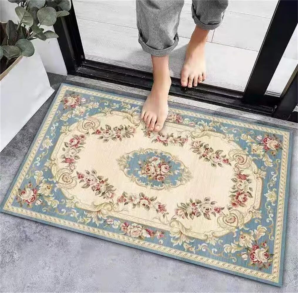 Carpette chambre fille bleue à fleurs avec tapis vinyle lavable