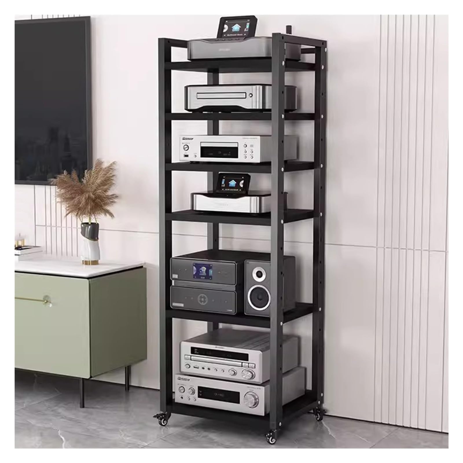 6-poziomowy stojak na nośniki toczne z kółkami, regulowana szafka na komponenty audio/wideo, wytrzymały stojak stereo, do domu, biura, 60 cm szerokości, półka na konsolę do gier (czarny)