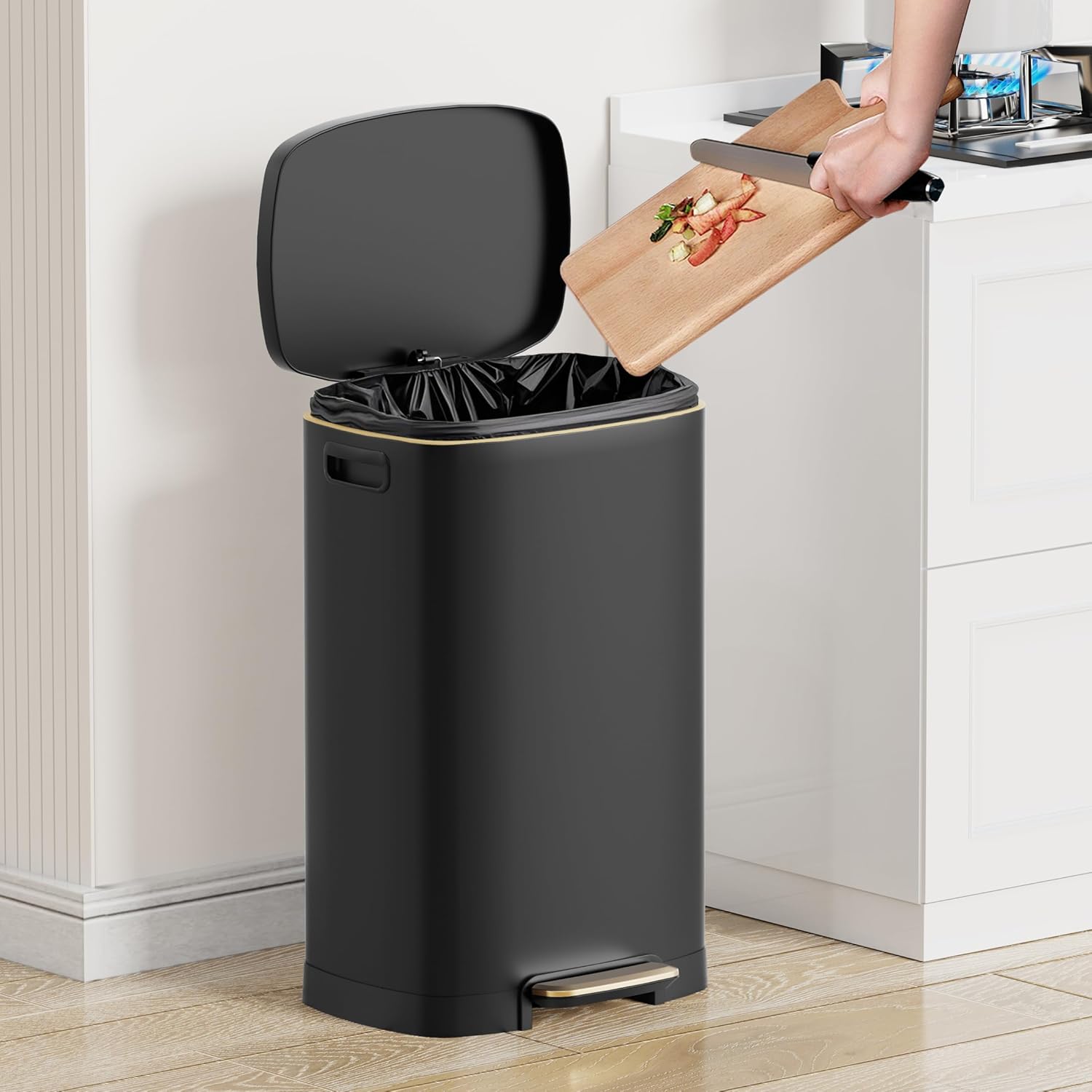KSSKSS 13 Gallon Trash Can with Lid,Fingerprint-Proof Stainless Steel Kitchen Trash Can with Soft-Close Lid and Removable Inner Bucket,Black