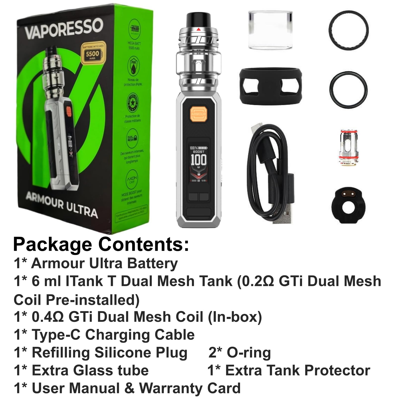 For Vaporesso Armour Ultra Kit 100 W Box Mod (Argento Titanio) Batteria 5500 mAh | 6 ml Atomizzatore iTANK T Tank GTi Dual Mesh Coil 0,2 Ω/0,4 Ω | Schermo TFT da 0,96" Vape Originale - No Nicotine