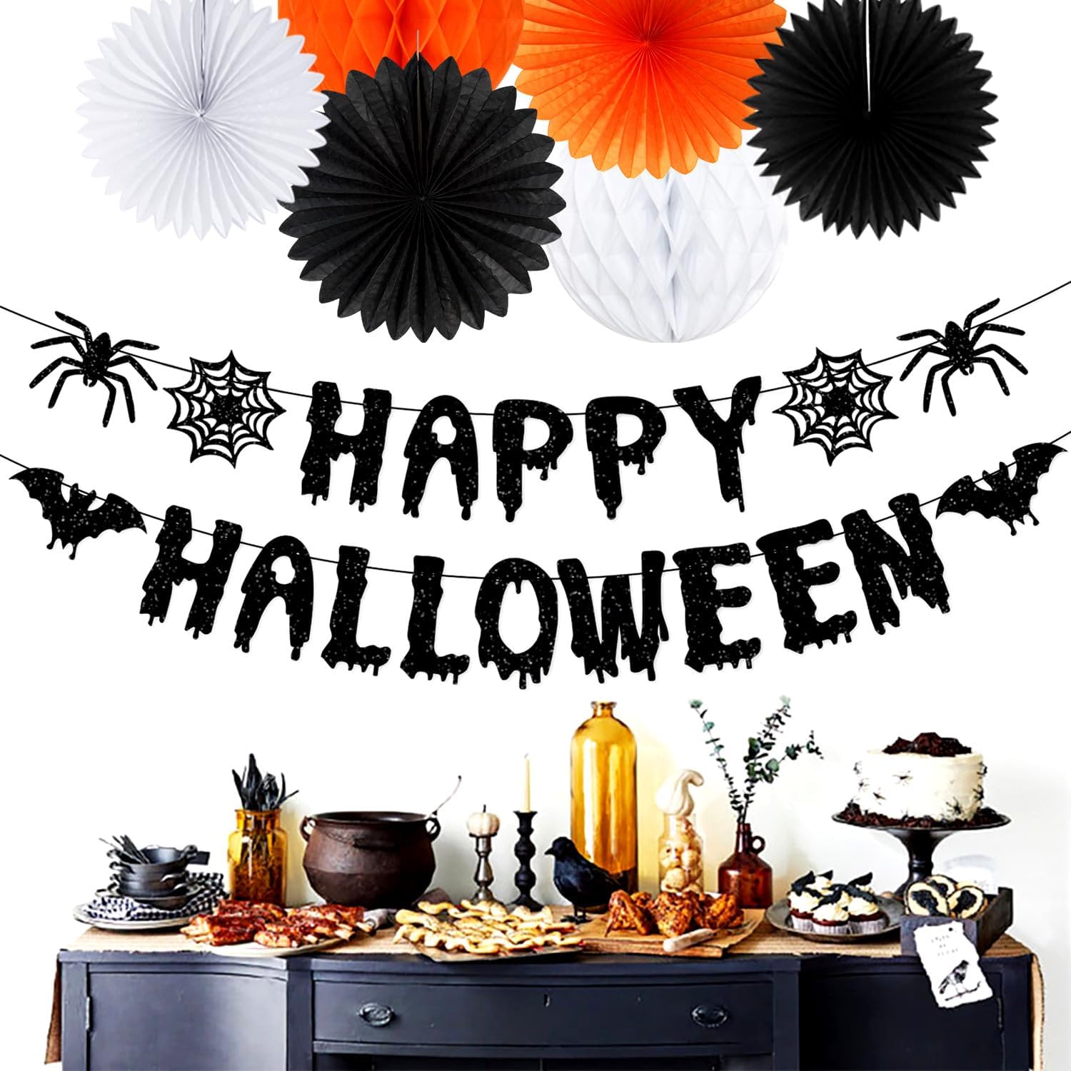 Orange Black Happy-Halloween Party Decorations - 13PCS Spider Web Bats Streamers Banner ,Paper Flowers Lanterns Tissue Pom Poms Fans, Classroom Birthday Bachelorette Hanging Supplies Decor Hugfond image 3