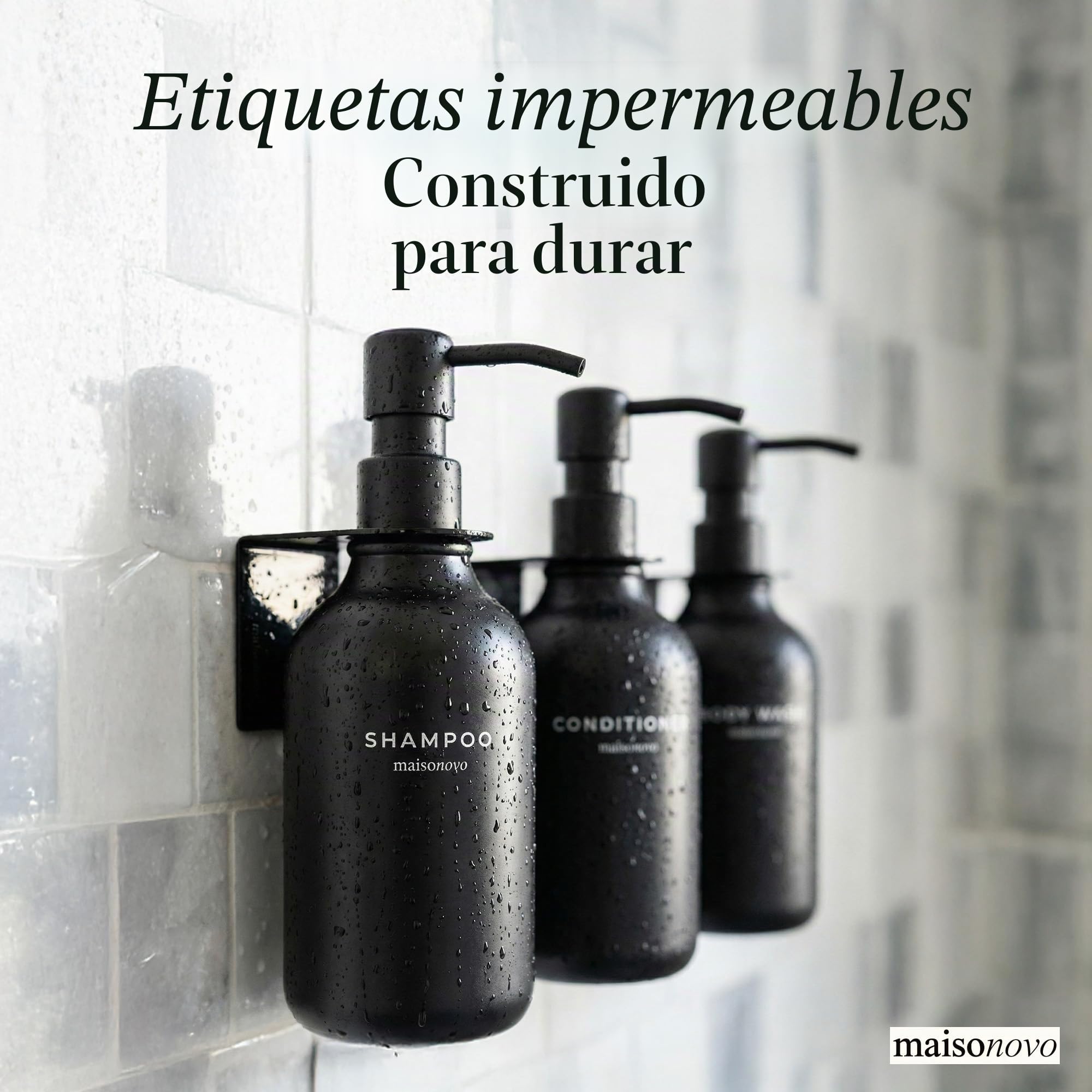 MaisoNovo Dispensador de champú y acondicionador - Dispensador de jabón para Ducha montado en la Pared, Juego de 3 Botellas de plástico Negras con Bombas de plástico Negras