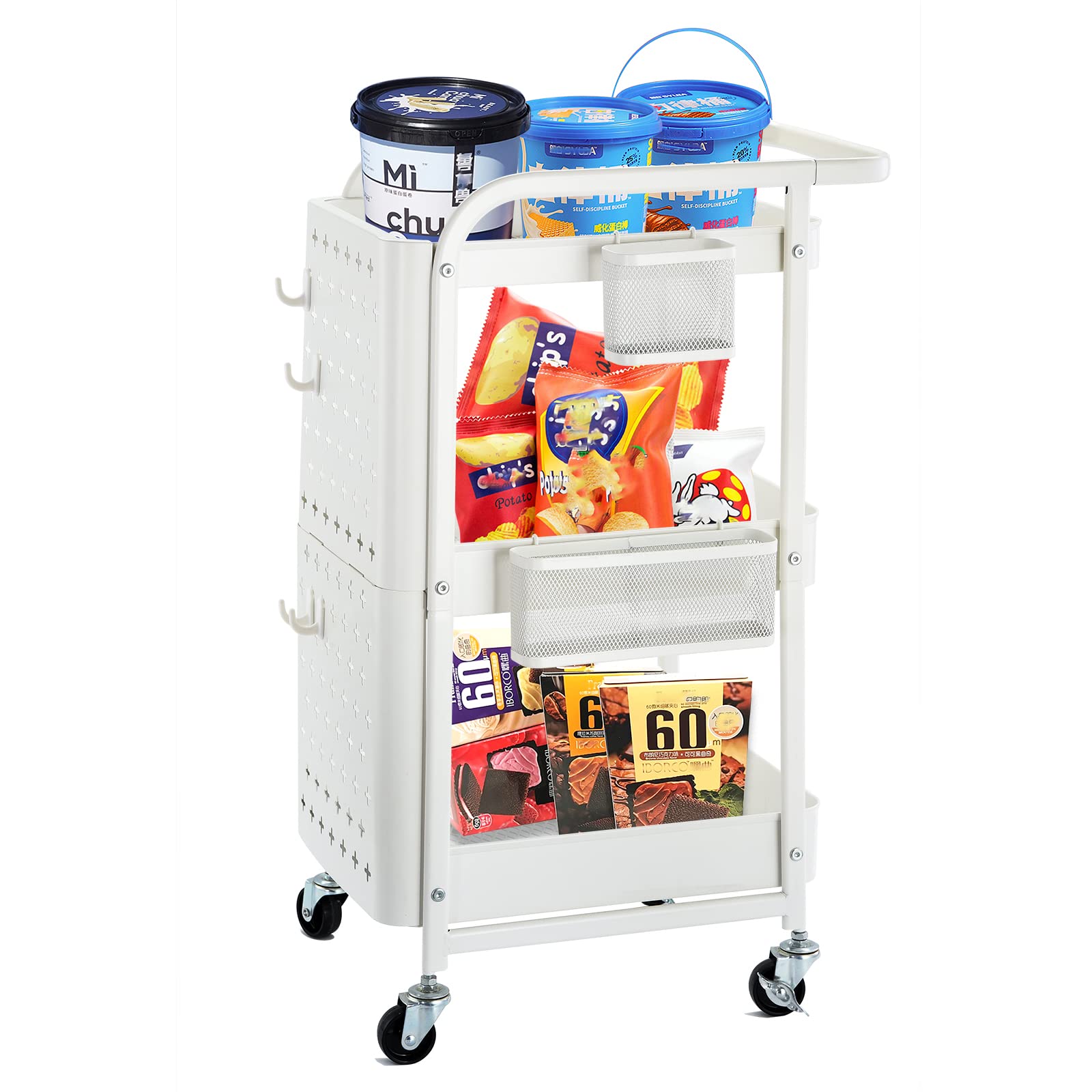 Buy 3Tier Rolling Cart,Metal Utility Cart with Pegboard,Rolling