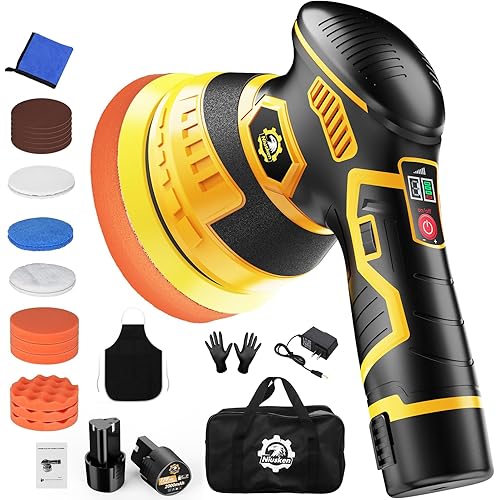 5 Inch Cordless Car Buffer & Polisher Kit [2x 2000mAh 12V Batteries & 18 PCS Attachments] 6-Speed Orbital Design, LED Display, Lightweight Detailing Tool for Waxing, Polishing