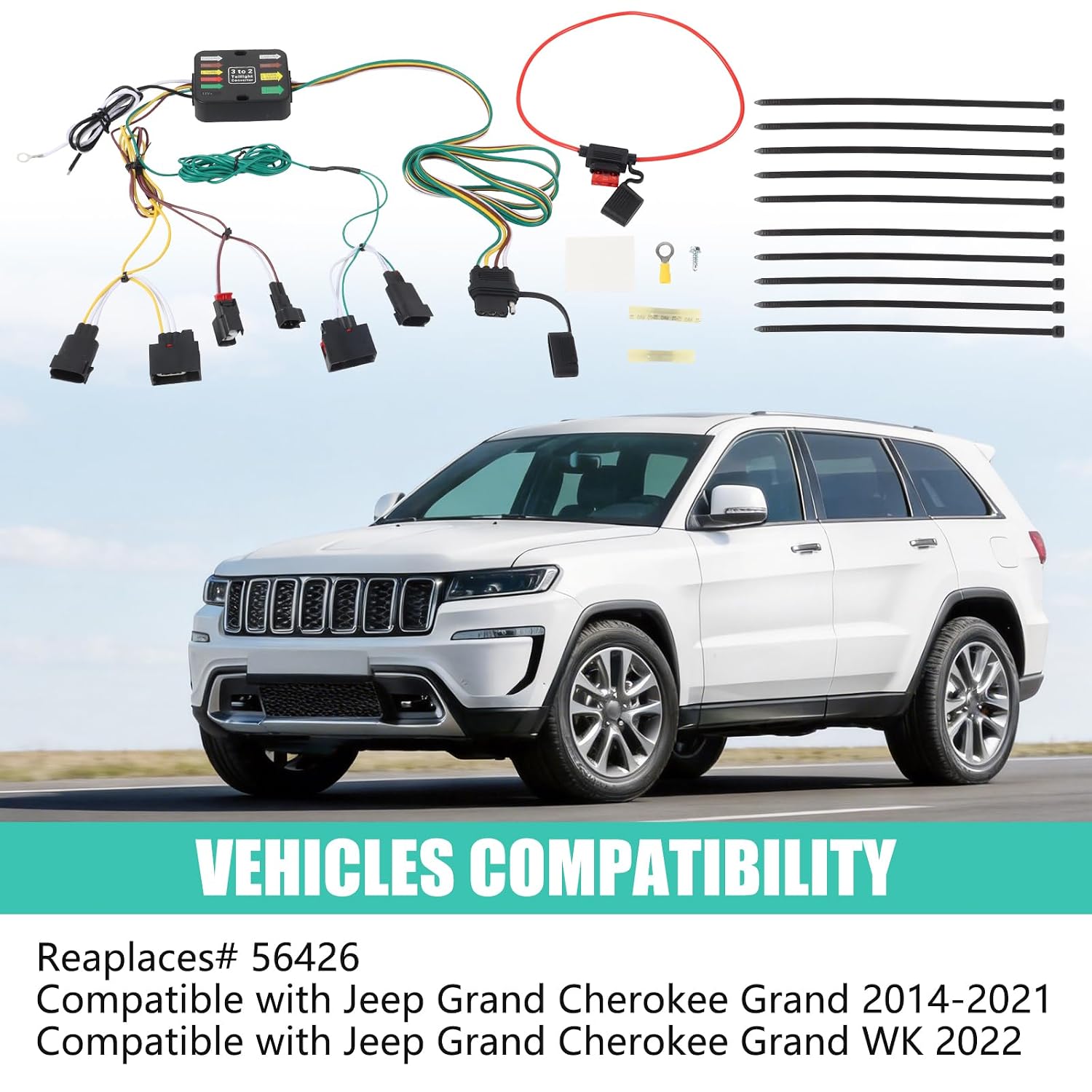 4 Pin Trailer Wiring Harness 56426 Compatible with Jeep Grand Cherokee 2014-2021 Grand Cherokee WK 2022 Custom 4-Way Flat T-Connector Towing Hitch Wire