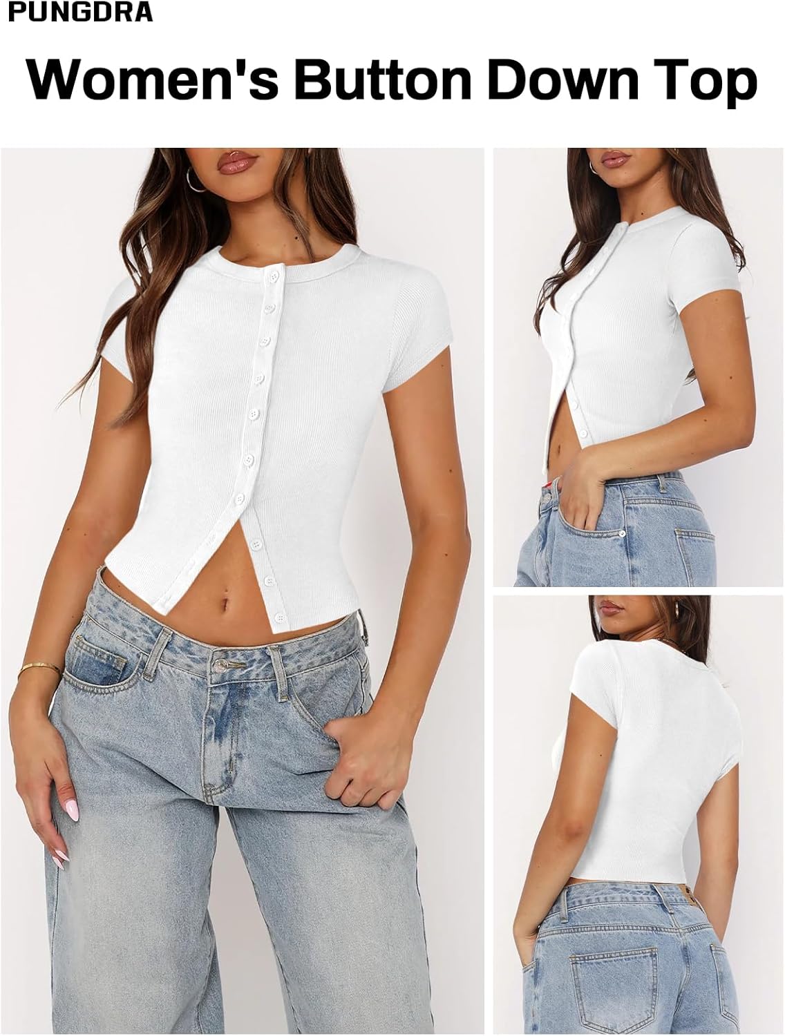 Women's Button Down Shirt Cap Sleeve Tops for Women Button Up Ribbed Knit Slim Fit Casual Y2K Crop Going Out Top - Image 3