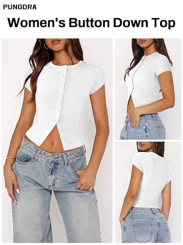 Pungdra Women's Button Down Shirt Cap Sleeve Tops for Women Button Up Ribbed Knit Slim Fit Casual Y2K Crop Going Out Top