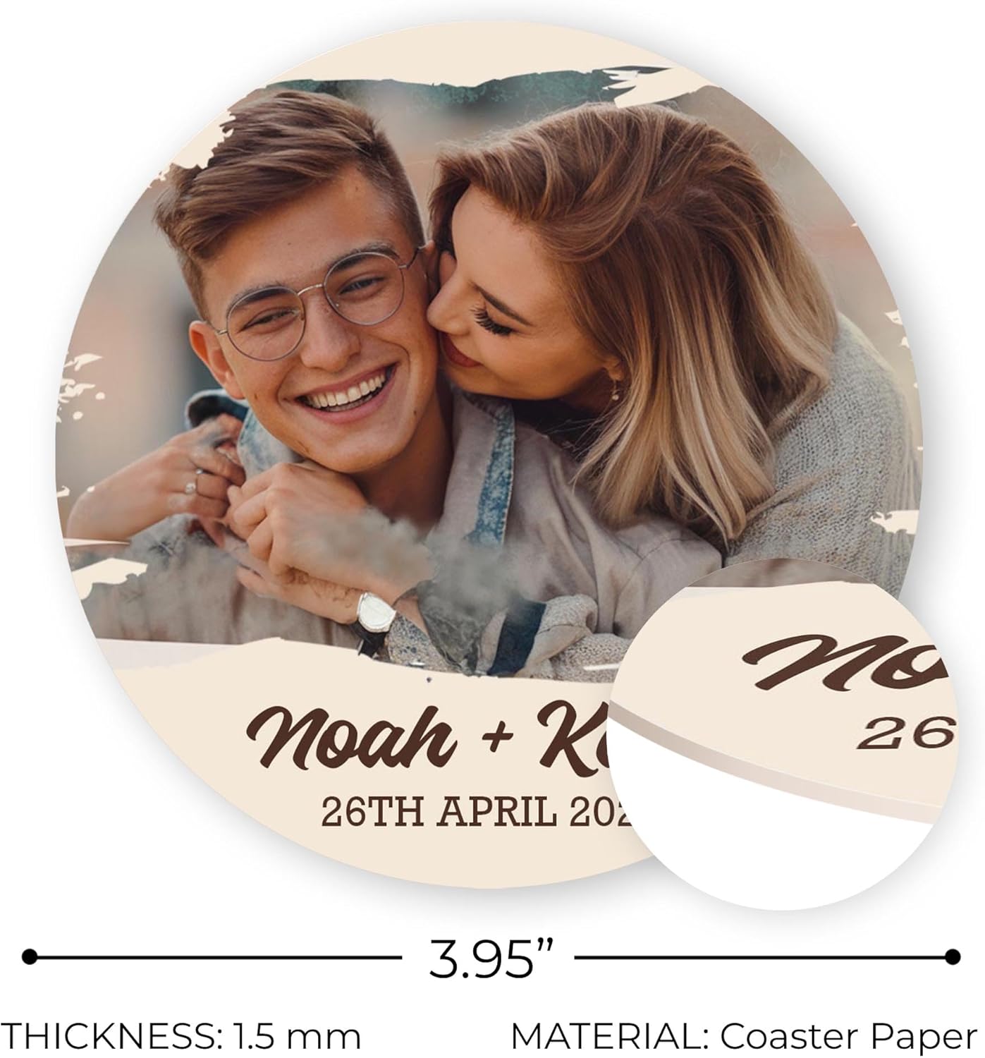 100 Pack Personalized Wedding Coasters, Custom Cardboard Coasters for Drinks with Photo Print and Text, Keepsake Wedding Favors and Gifts for Couples, 3.95" Round (Design 6)