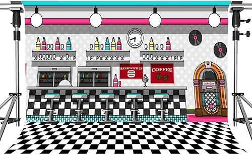 Soda Shop - Telón de fondo de comedor para fiesta de rock roll de los años 50, fondo retro para cena, música rock, decoración clásica de fiesta de
